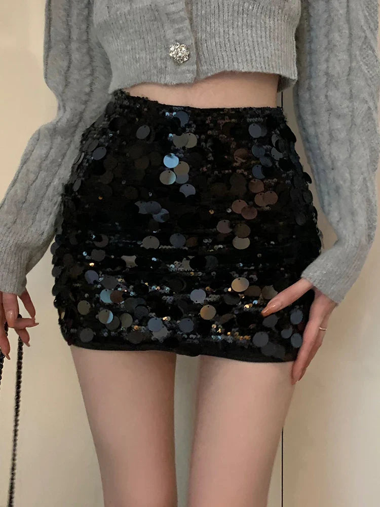 Summer Women Korean Fashion Clubwear Sequin Mini Skirt Gyaru Coquette Harajuku 2000s Y2k Streetwear Hot Sexy Night Club Luxury Black