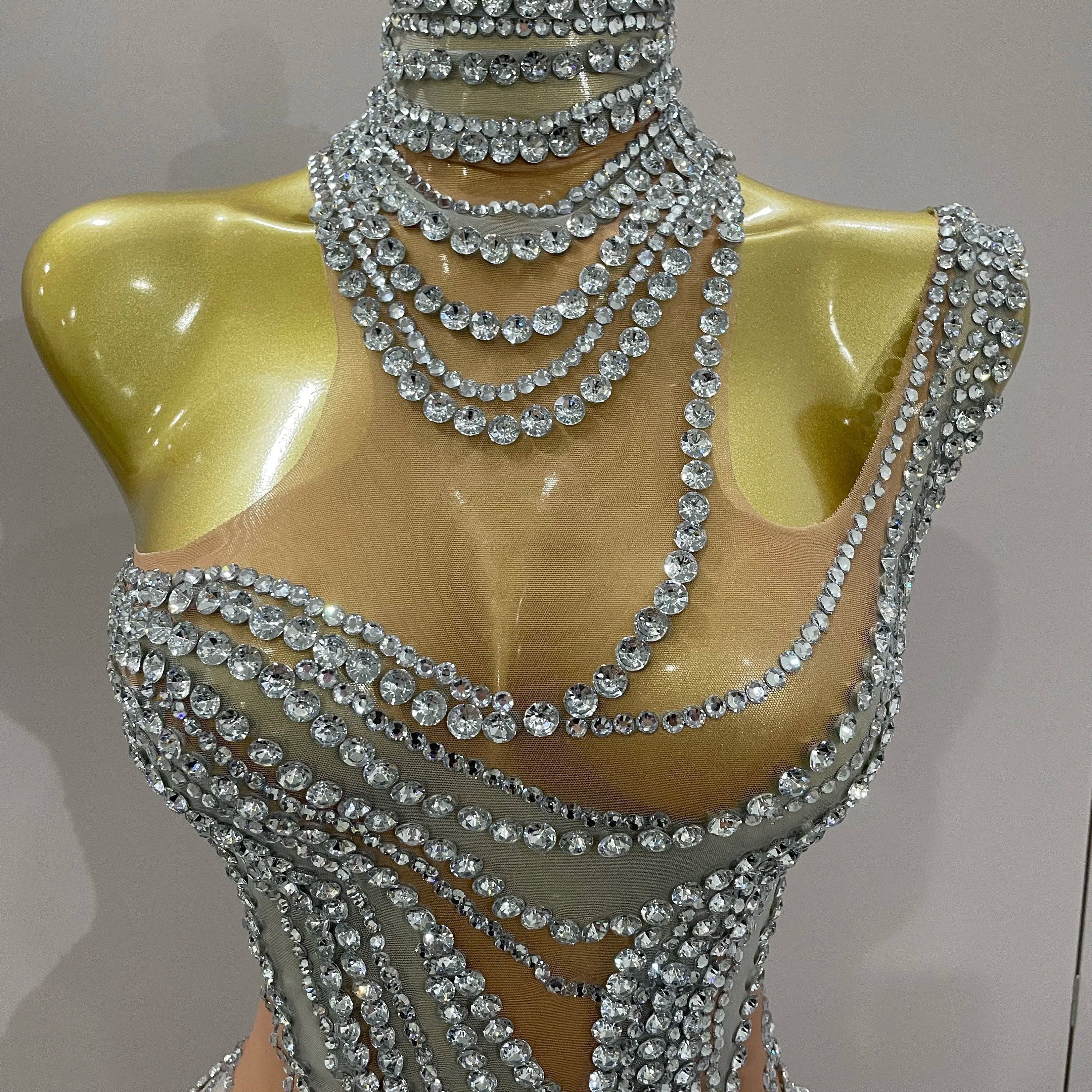 Luxury Sparkly Crystals See Through Mini Dress 2025Women Celebrate Birthday Party Gowns Singer Performance Stretch Stage Costume