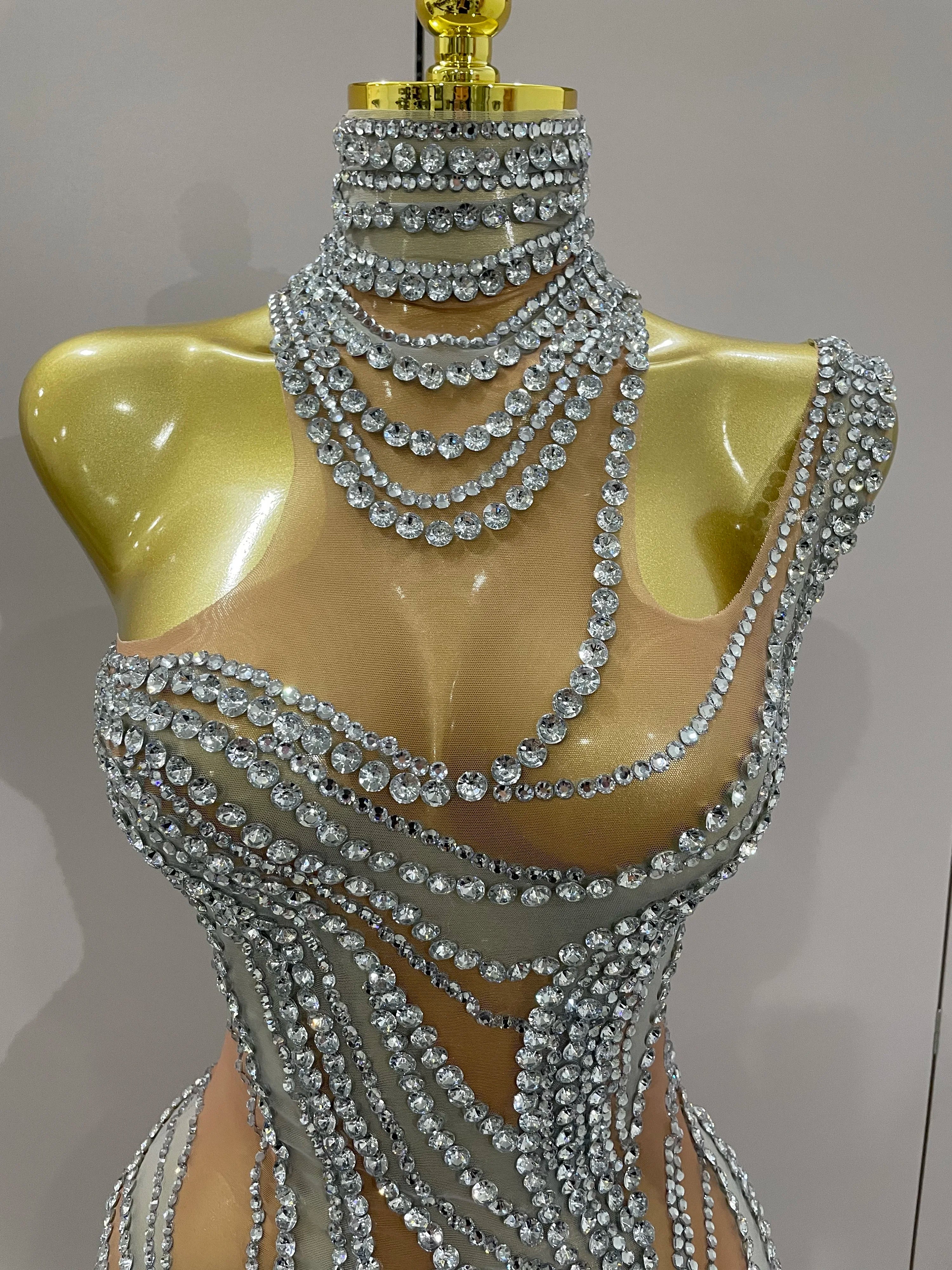 Luxury Sparkly Crystals See Through Mini Dress 2025Women Celebrate Birthday Party Gowns Singer Performance Stretch Stage Costume