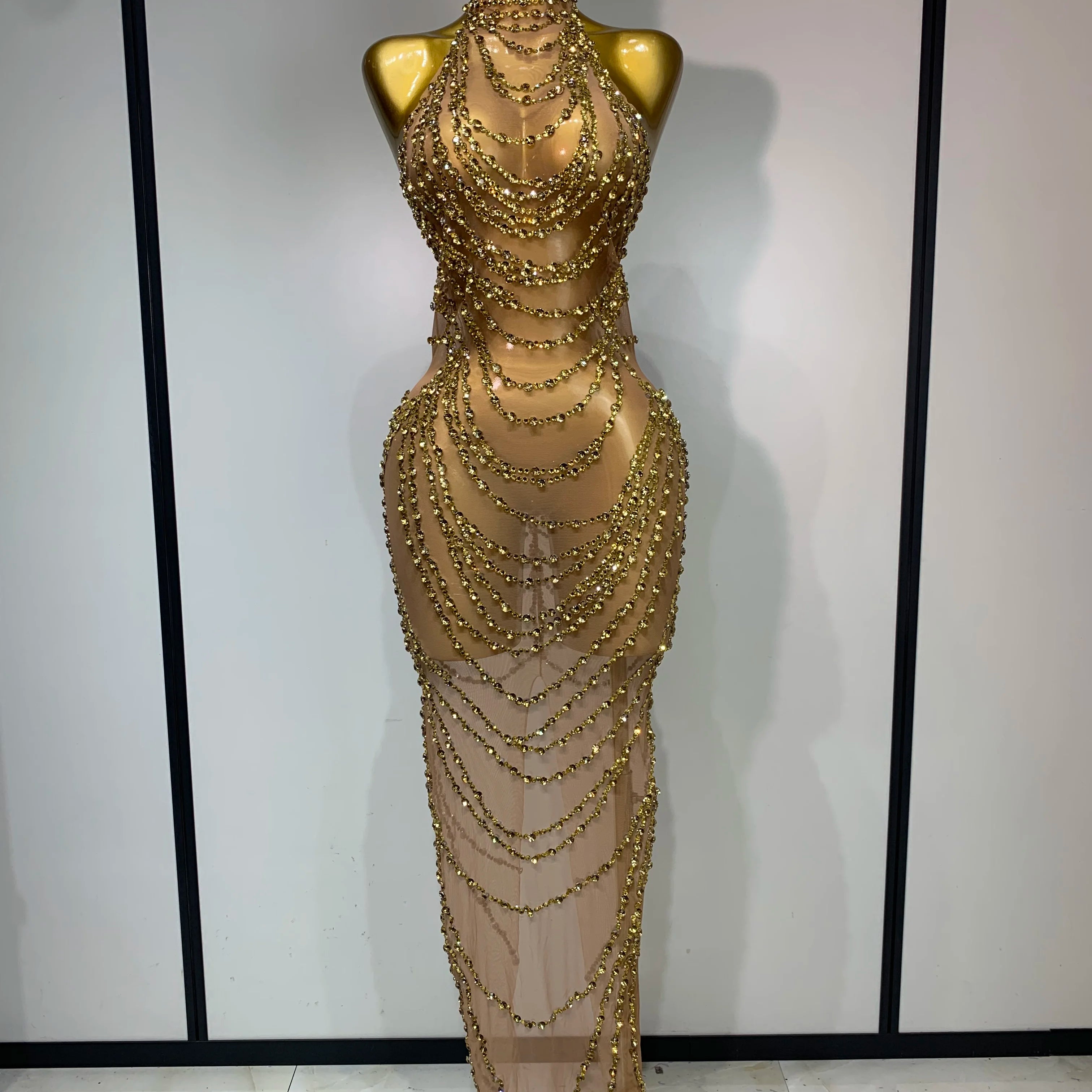 Sparkly Rhinestone Sexy Transparent Mesh Long Dress 2025 Women Luxury Birthday Club Party Gown Stage Singer Performance Costume Gold