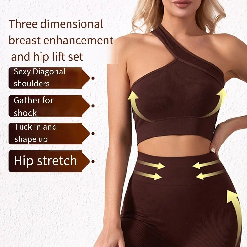 2Pcs Seamless Women Workout Sets Casual High Waist One Shoulder Yoga Outfits Tank Tops Ribbed Sports Bra Gym