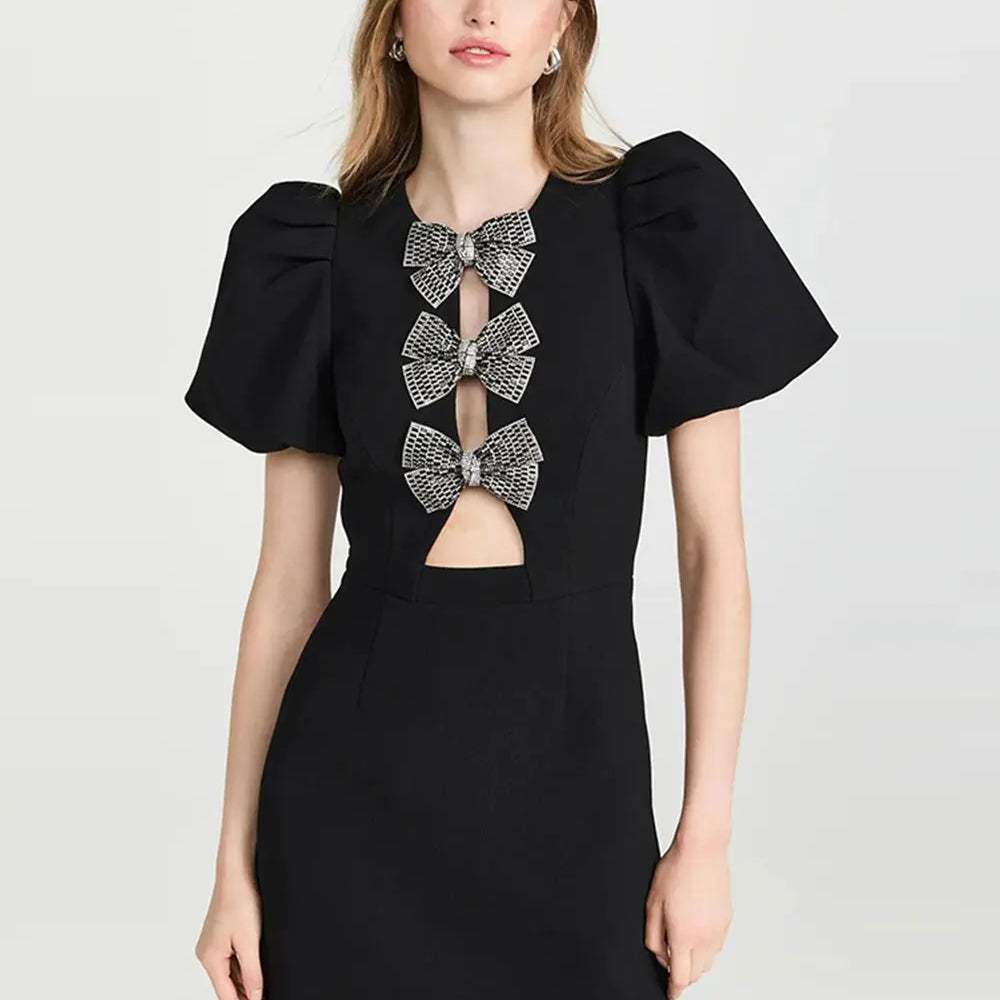 2024 Sexy Women's Water Diamond Butterfly Knot Design Bandage Dress O-Neck Bubble Short Sleeve Hollow Bodycon Mini Dress Vestido black