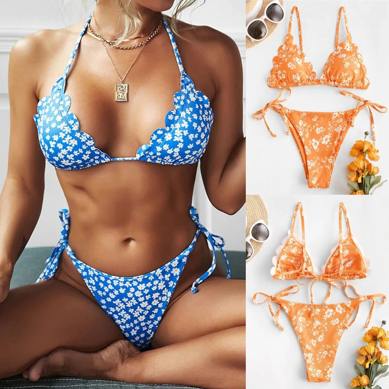 Bikini Women Y2k Two Piece Floral Print Swimsuit Trendy Suspender Lace Up Bikini Swimwear Summer Hawaiian Bathing Suit
