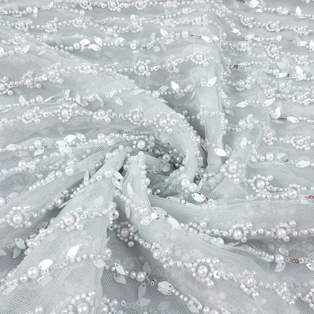 Elegant Beige Strapless Sleeveless Beaded Mesh Floral Details Dress for Fashion Event Gown