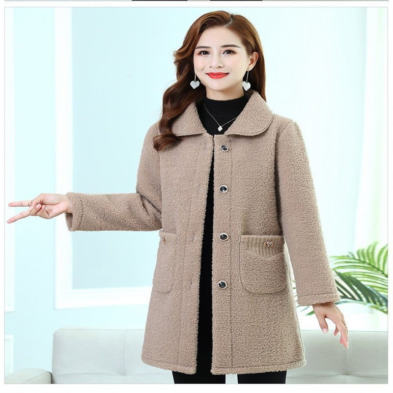 Winter Middle-Age Elderly Women's Clothing Thicken Imitation Lamb Wool Coat Mother's Mid-Length Granular Velvet Coat XL-6XL Khaki
