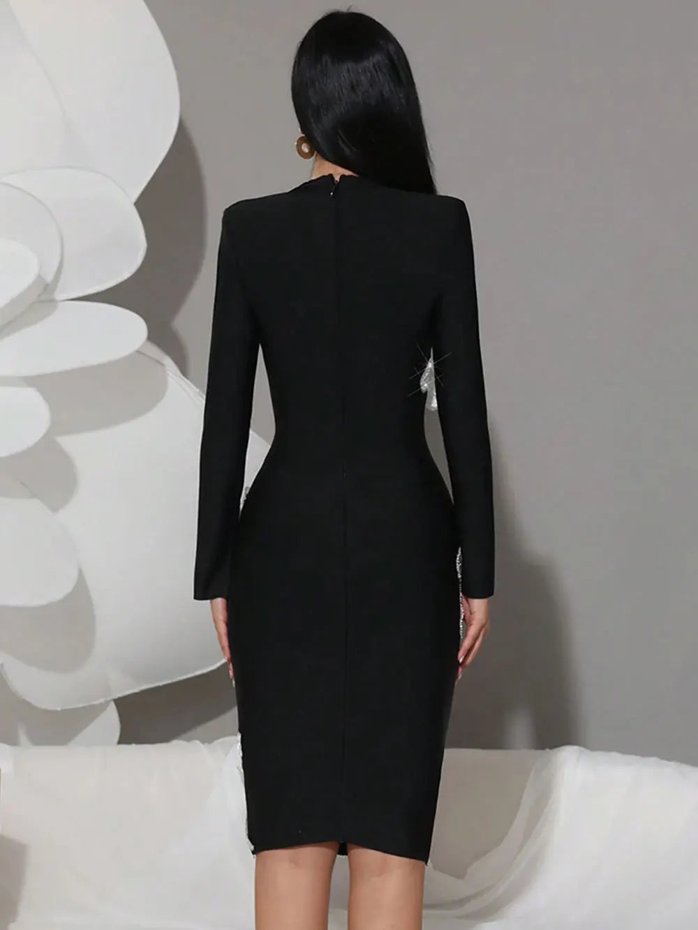 2025 Women's Light Luxury 3D Flower Design Bandage Dress Square Neck Long Sleeve Bodycon Flute Dress Evening Club Party Vestidos