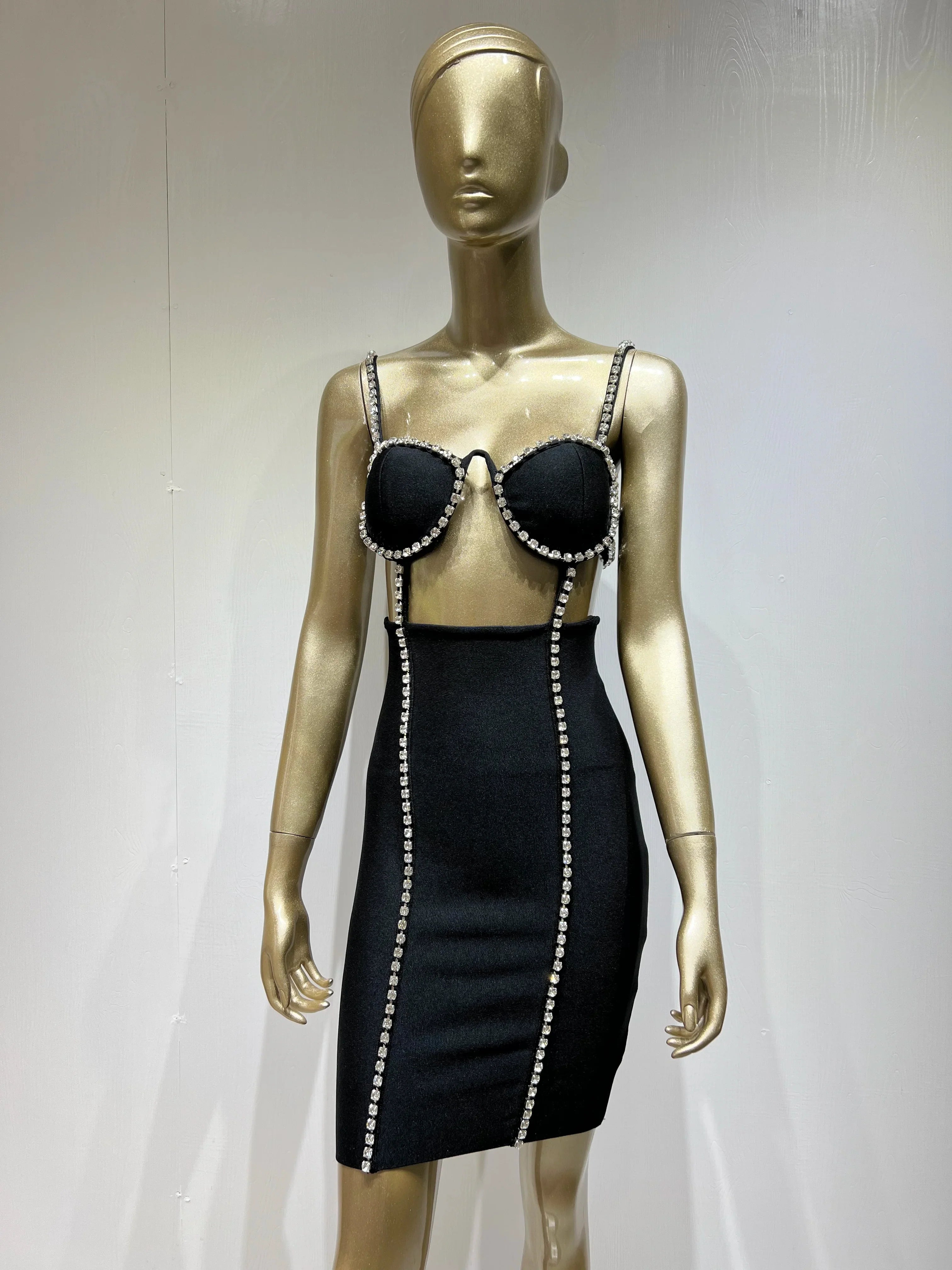 Women Summer Style Sexy V Neck Cut Out Diamonds Crystal Black Mini Bodycon Bandage Dress Elegant Evening Party Dress