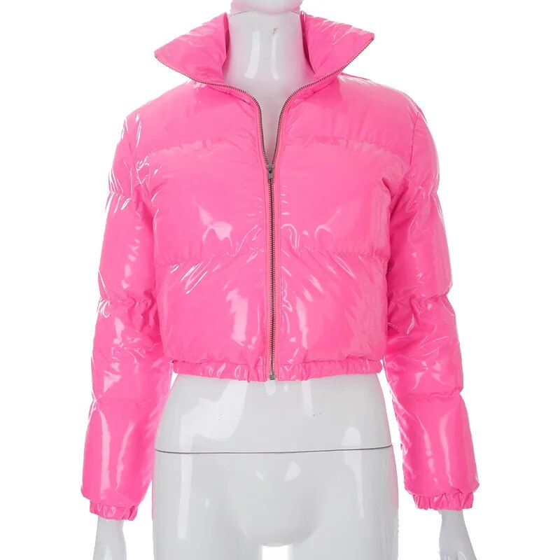 Winter New Women's Fashion Solid Color Zipper Bright Surface Warm Cotton-padded Jacket Top Pink