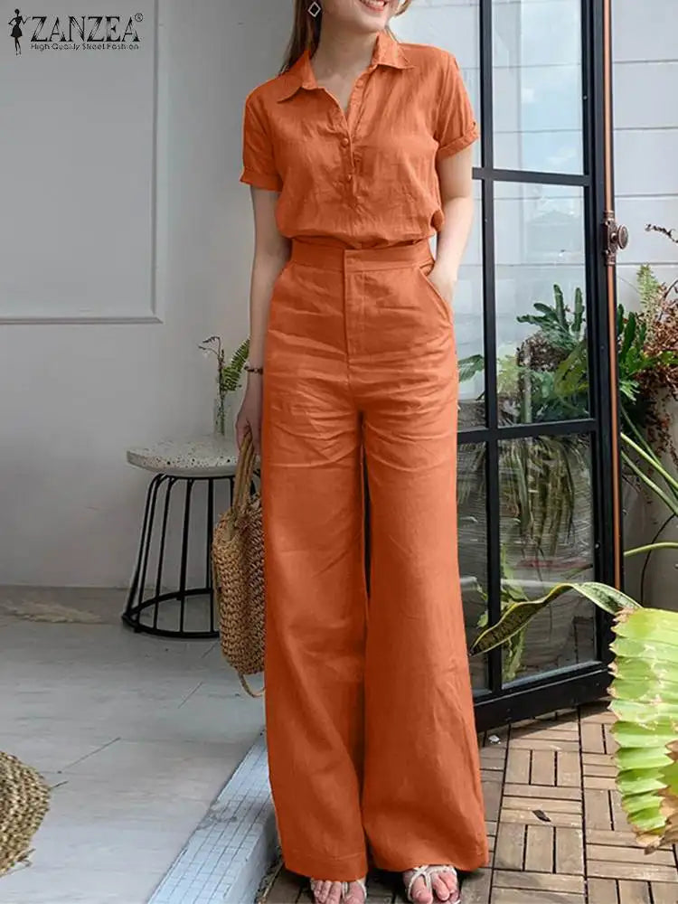 ZANZEA Summer Fashion Suit Lapel Short Sleeve Shirt Wide Leg Pants 2pcs Woman Vintage Office OL Matching Sets Casual Tracksuits Orange