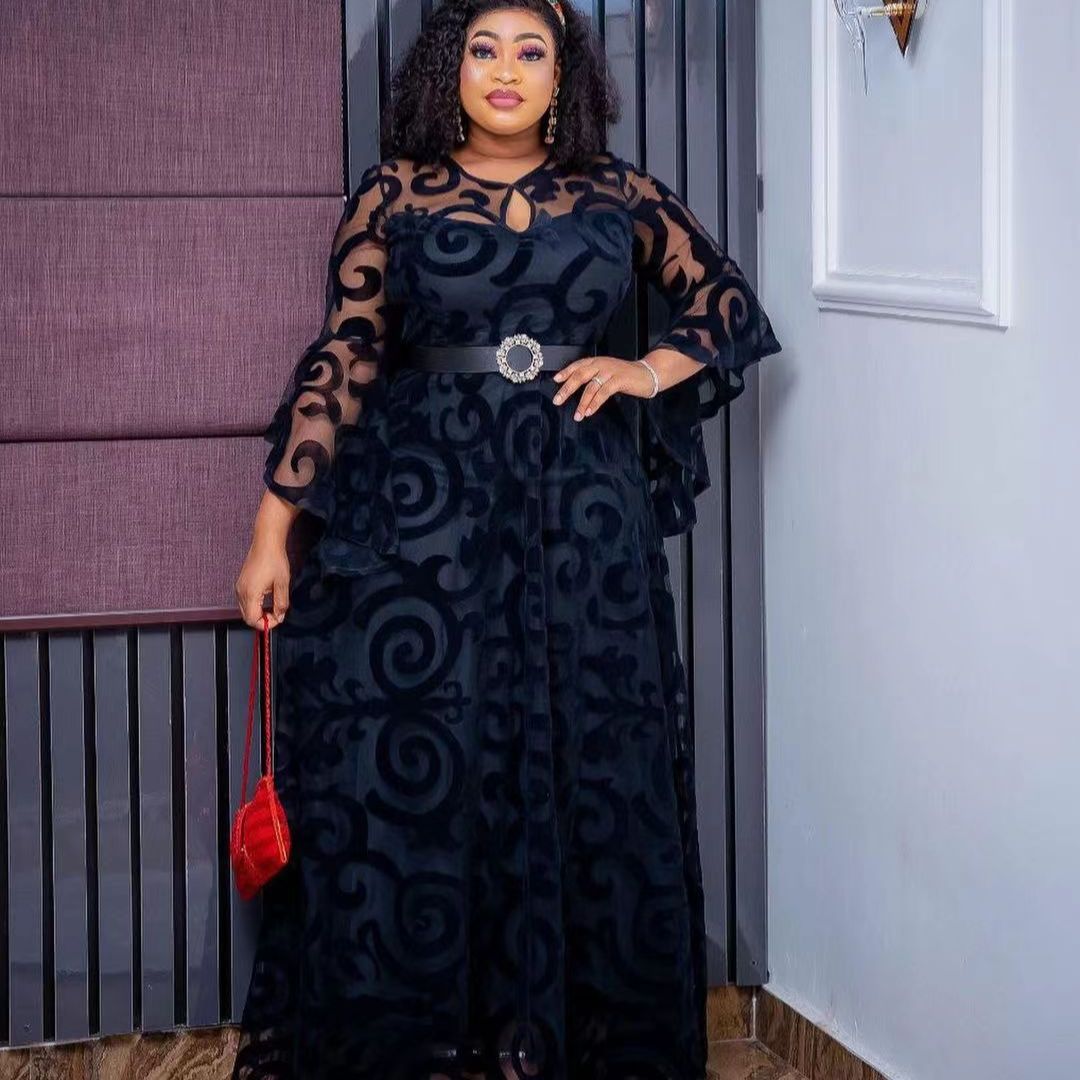 Plus Size African Party Dresses for Women 2024 New Fashion Dashiki Ankara Wedding Gowns Elegant Turkey Muslim Chiffon Maxi Dress Black