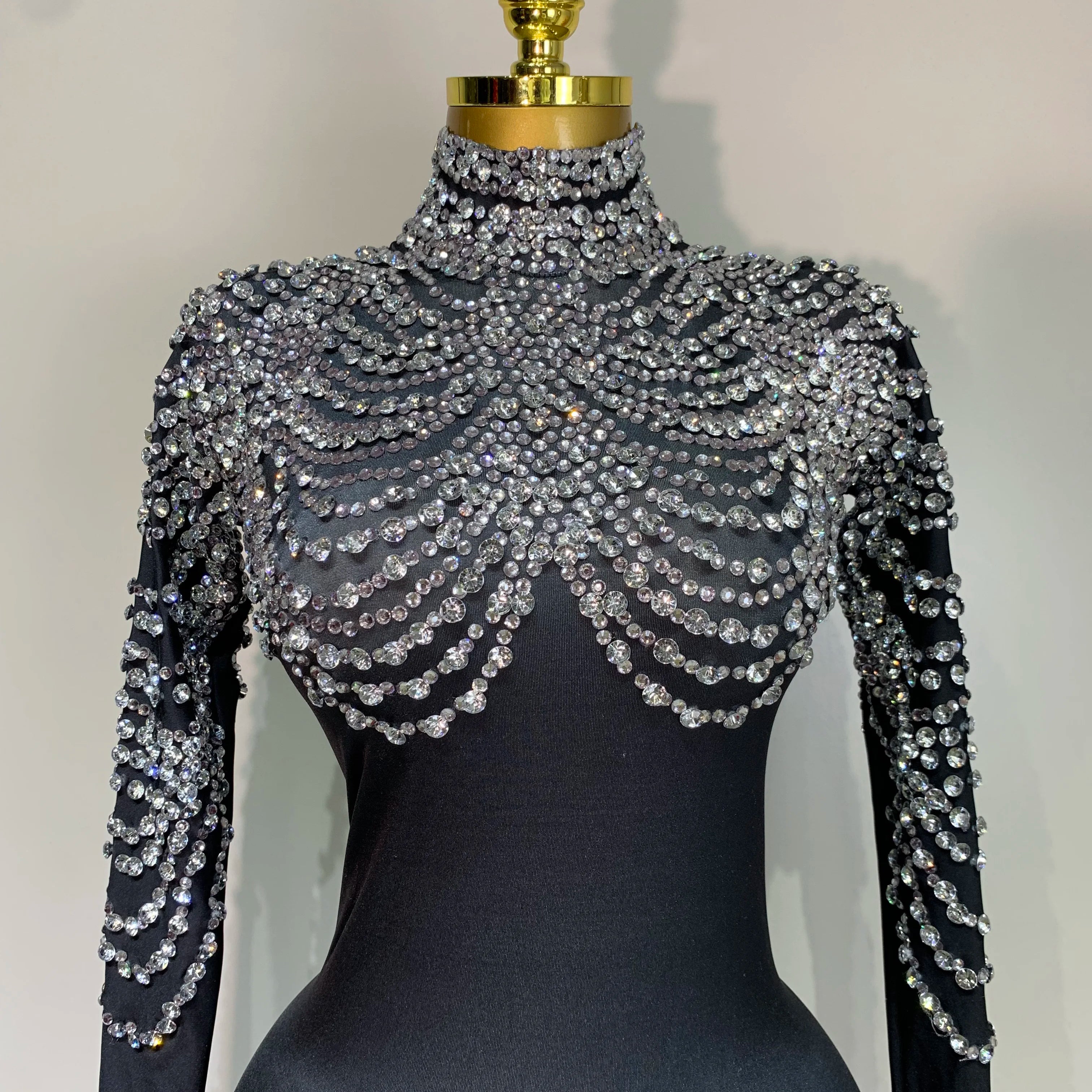 Stock Women Sexy Nightclub Evening Party Drag Queen Singer Dancer Stage Performance Costume Luxury Rhinestone Stretch Jumpsuit