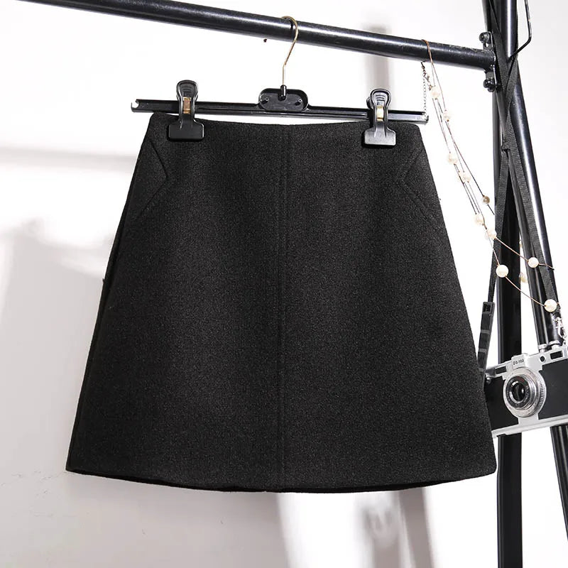 Fashion Wool Skirt Women Autumn Winter Thick Warm A-Line High waist Mini Skirts Women's Woolen Boots Short Skirts Faldas F196 black