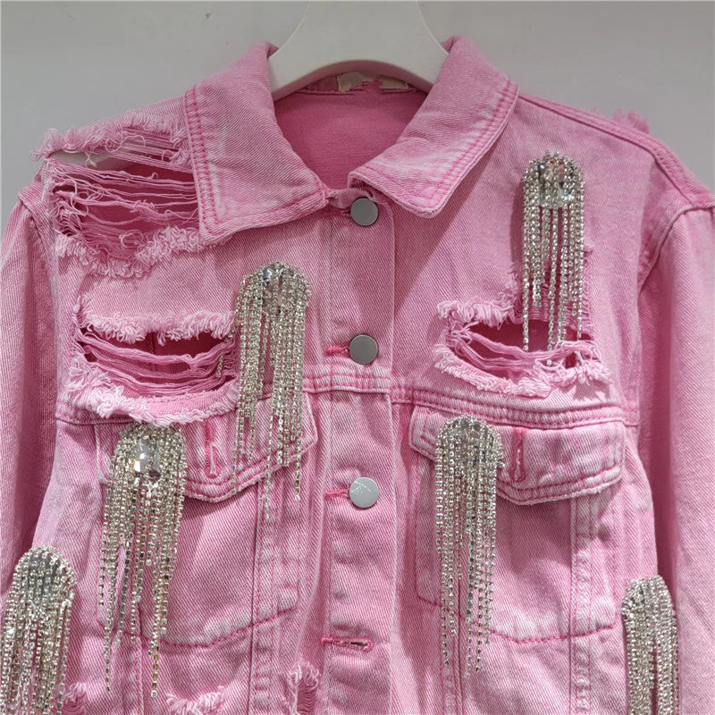 Autumn Winter New Fashion Heavy Industry Diamond High Waist Short Denim Coat For Women A-line Mini Skirts 11A07619