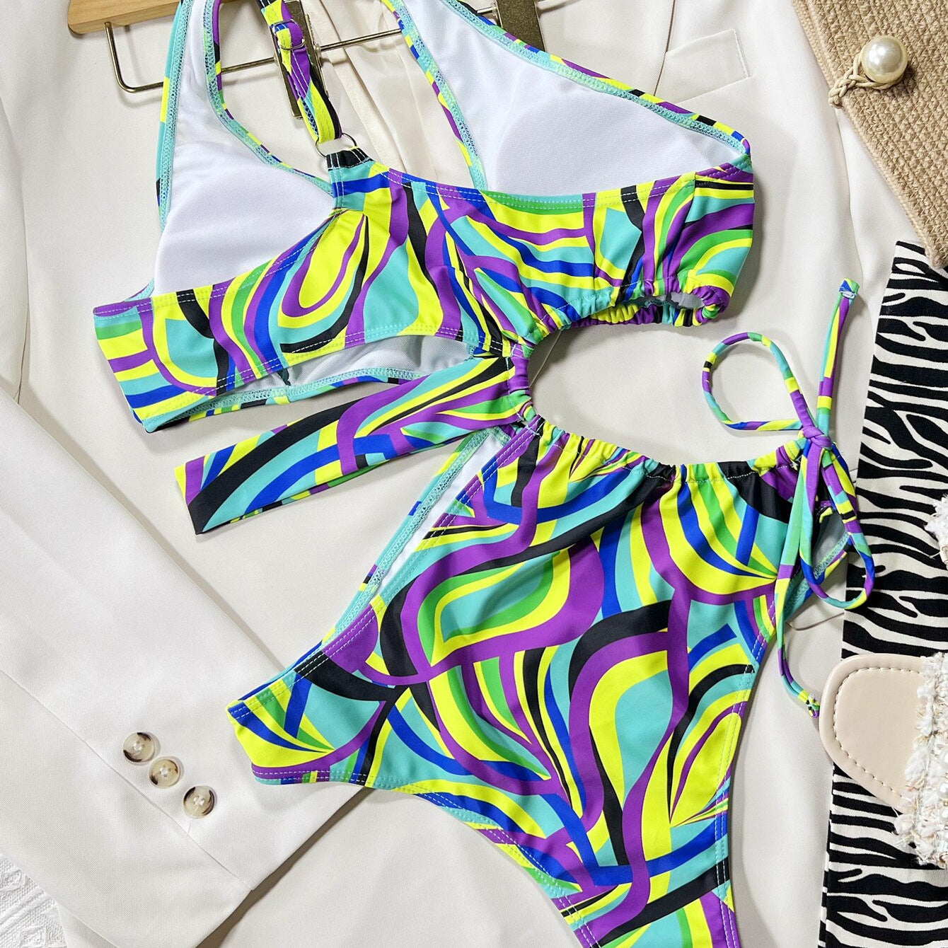 Sexy One Piece Swimsuit Swimwear - Print Hollow Drawstring Single Shoulder Bathing Suit Beachwear Trajes De Bano Mujer