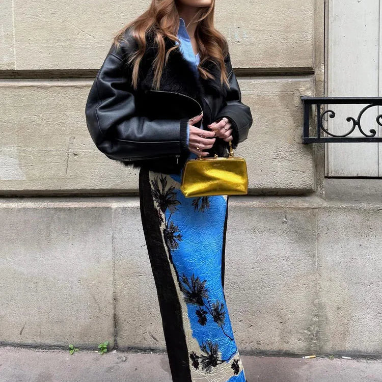 TRAFZA Summer New Fashion Holiday Printed Midi Long Skirt Zipper High Waist A Line Straight Skirts Vent Back Female Y2K