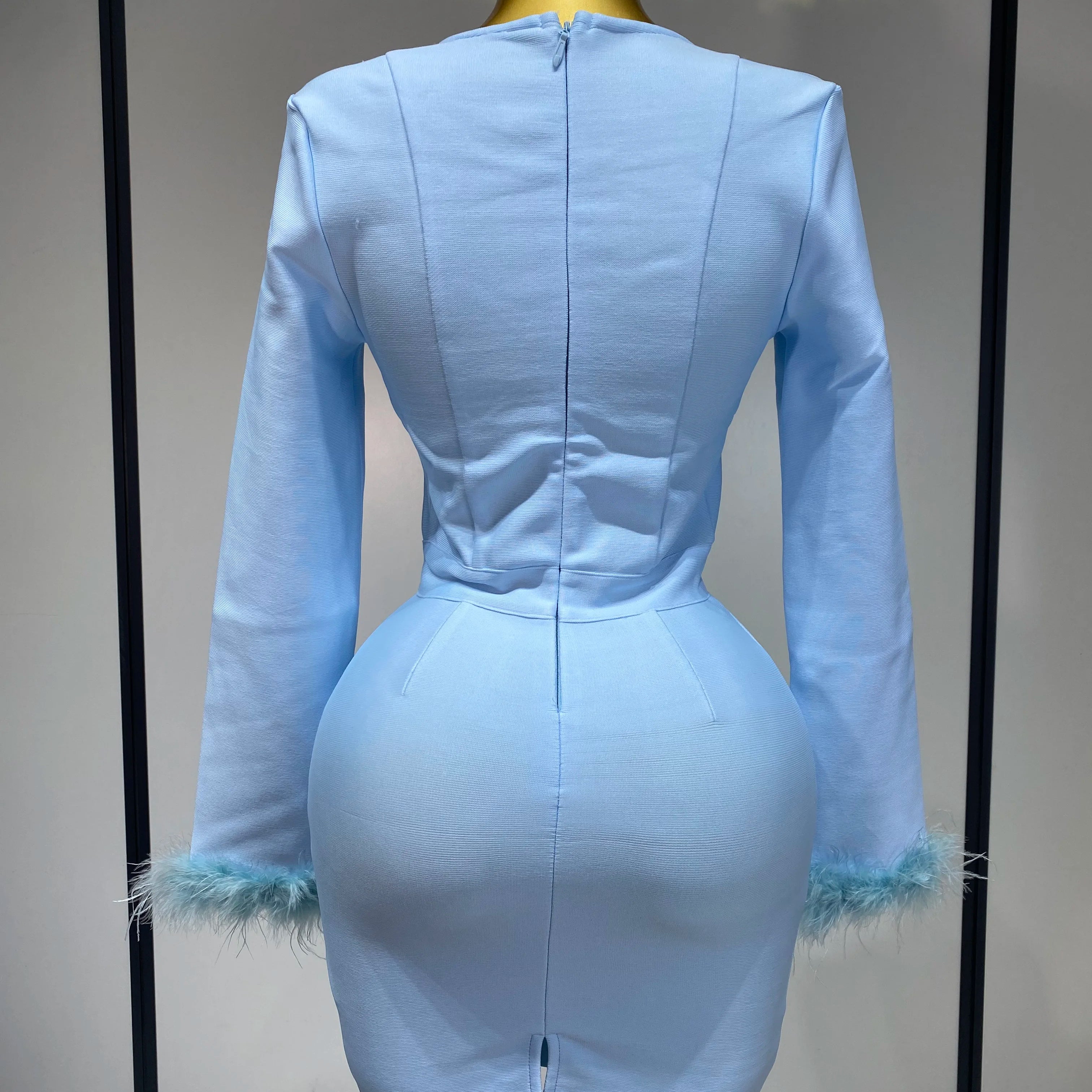 Women Fashion Sexy Long Sleeve Feathers Mini Bodycon Bandage Dress 2025 Elegant Evening Party Club Luxury Birthday Dresses