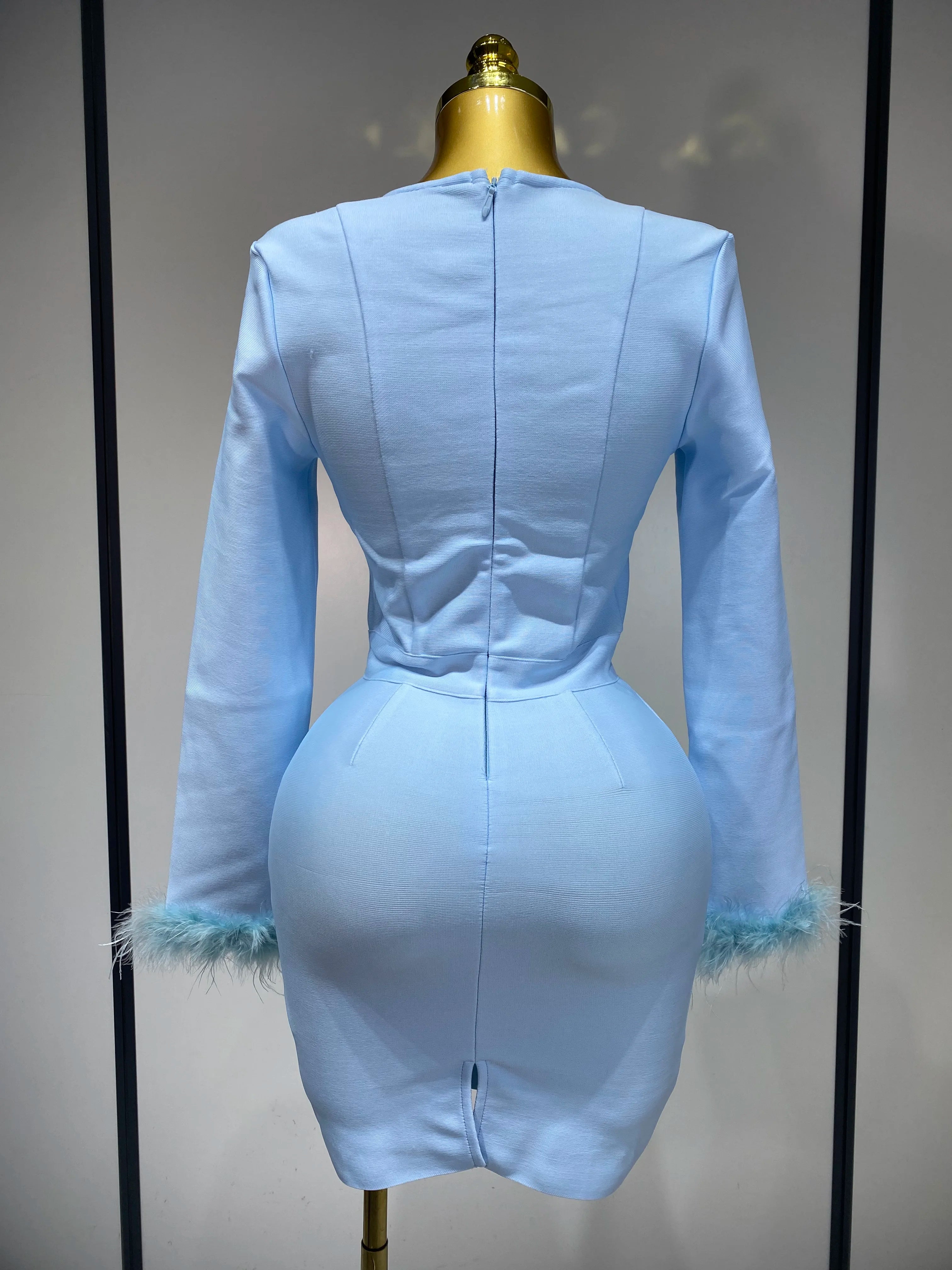 Women Fashion Sexy Long Sleeve Feathers Mini Bodycon Bandage Dress 2025 Elegant Evening Party Club Luxury Birthday Dresses