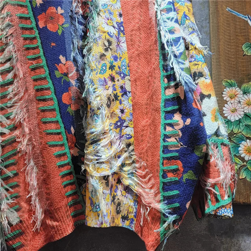 Autumn Winter New Fashion Elegant Casual Versatile Printed Knitted Tassel Sweater For Women Loose Pullover 11A07722