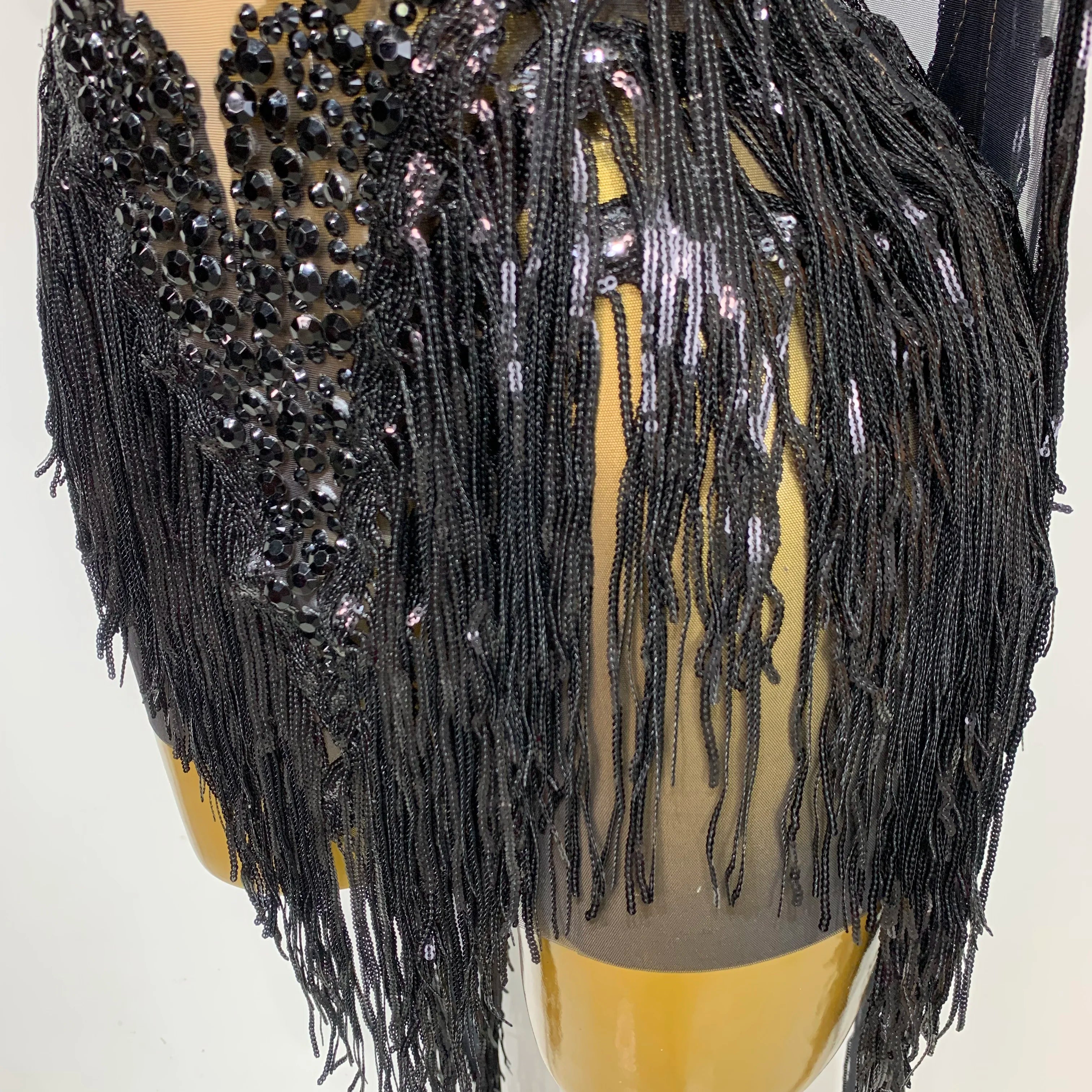 Sexy Sparkly Rhinestone Sequins Tassel Mesh Transparent Dress Women Evening Birthday Party Nightclub Dance Singer Stage Outfit