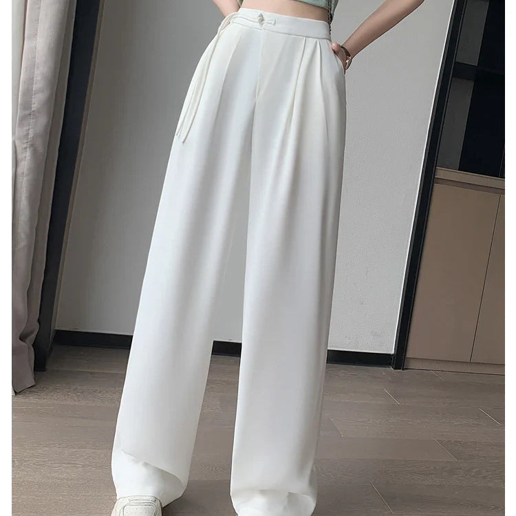 Seoulish High Waist White Suit Wide Leg Women‘s Full Pants Spring Summer Female Elegant Minimalism Straight Loose Trousers 2024 White(longer)