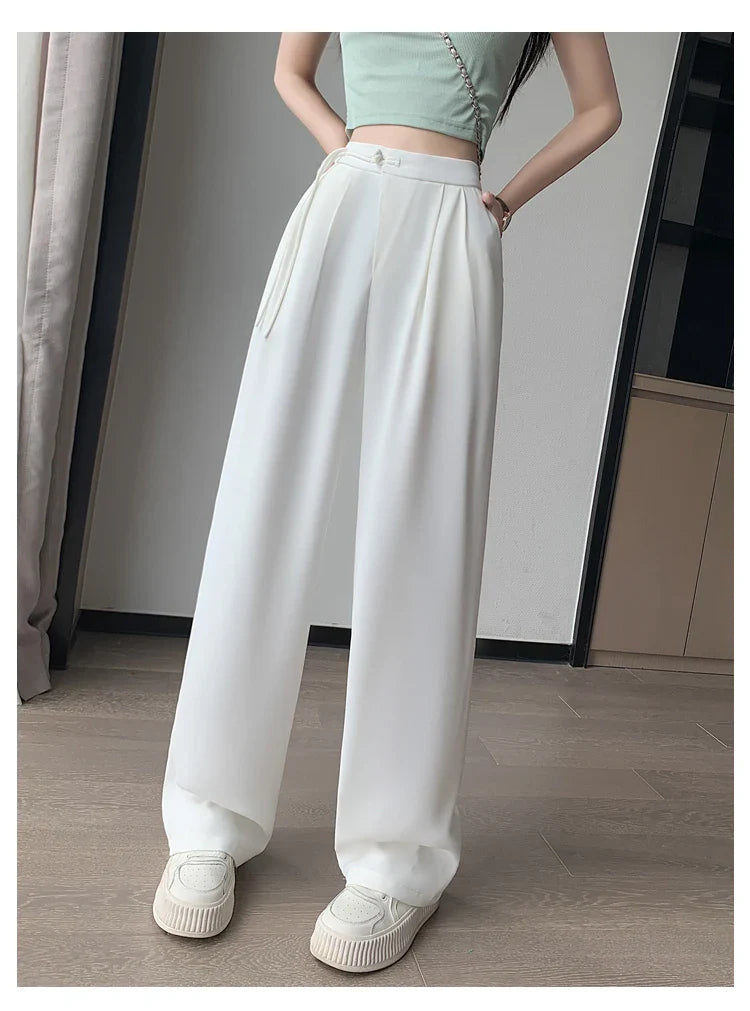 Seoulish High Waist White Suit Wide Leg Women‘s Full Pants Spring Summer Female Elegant Minimalism Straight Loose Trousers 2024 White(longer)