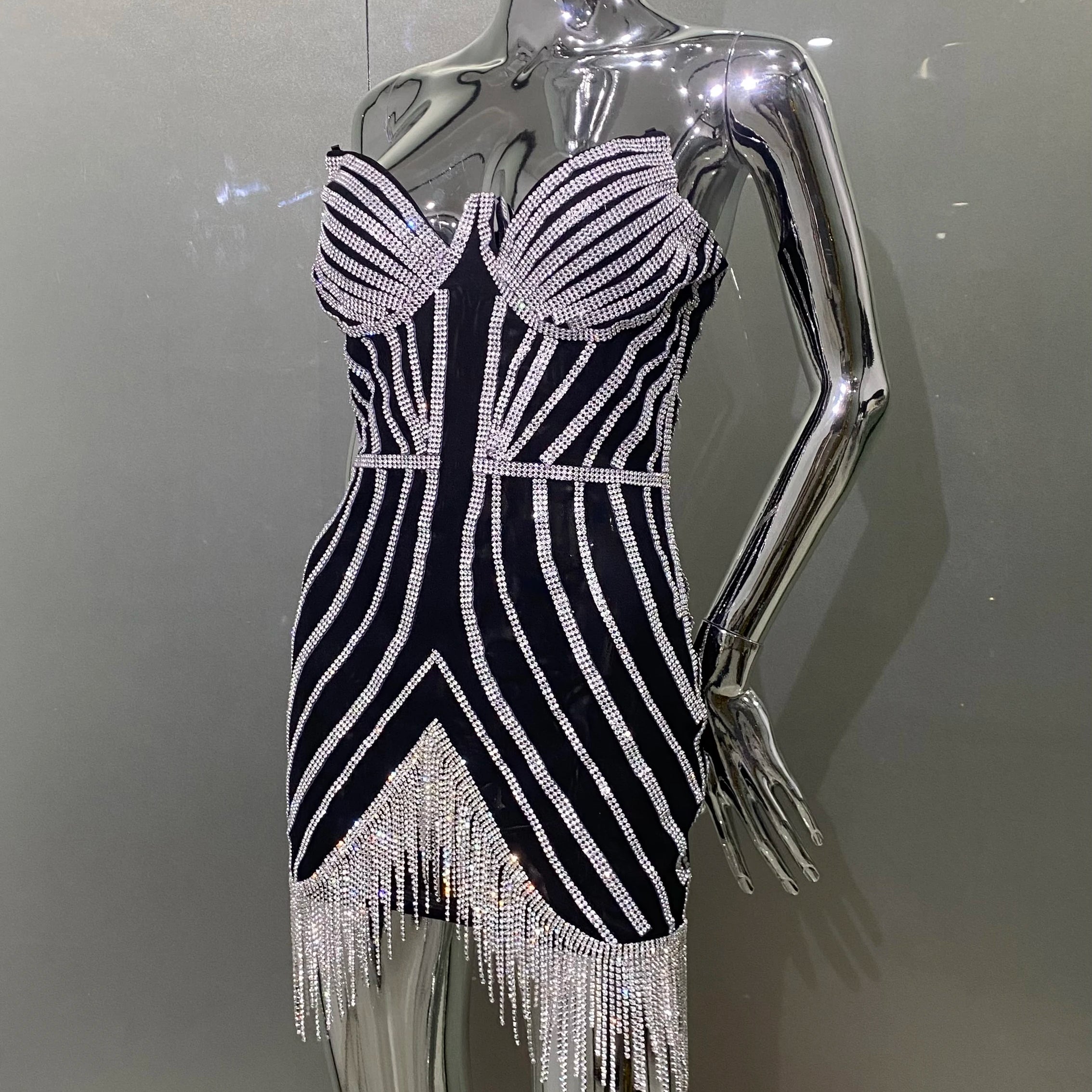 Luxury Shining Diamonds Tassel Strapless Mini Dress Celebrity Birthday Party Evening Dress Stage Performance Costume