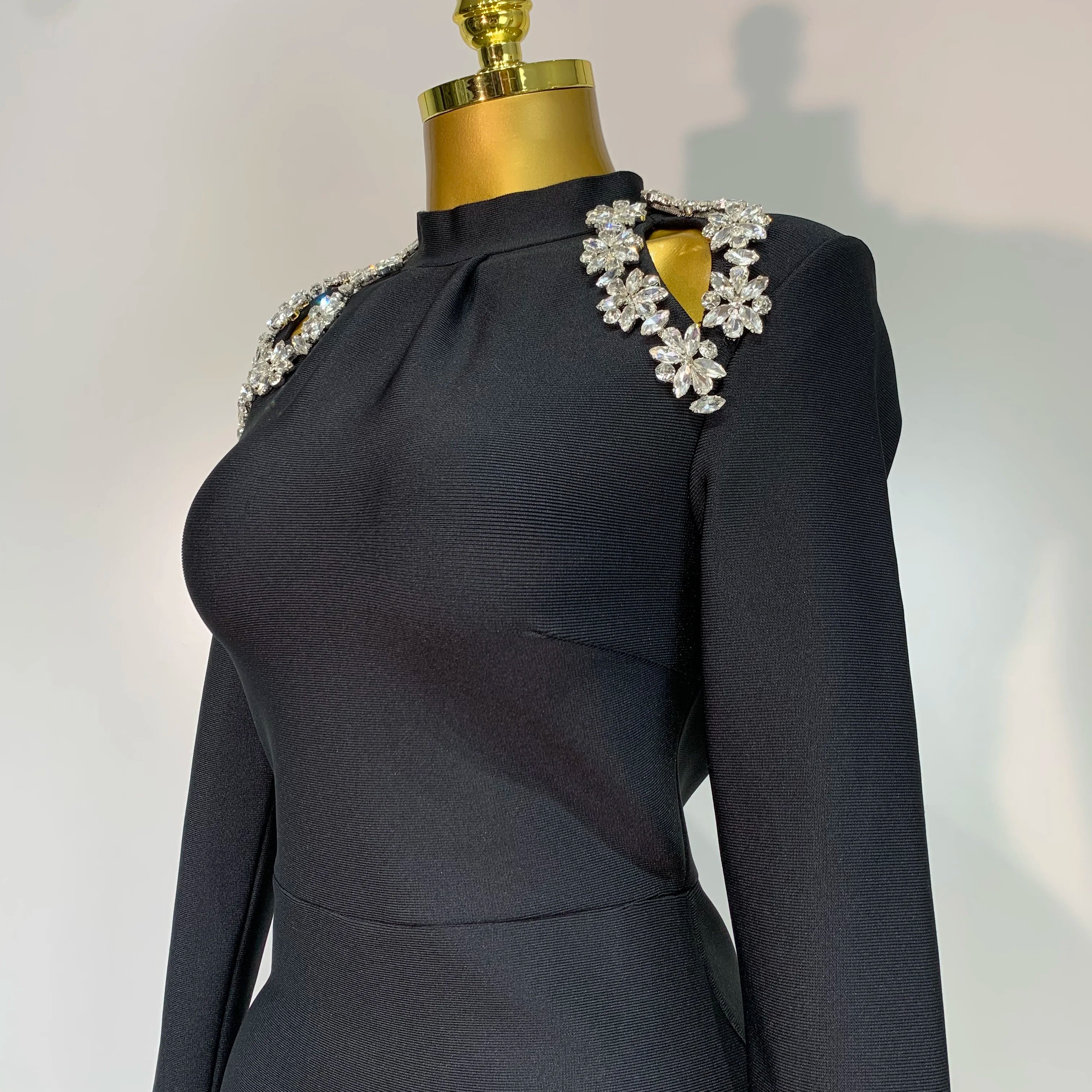 Women Long Sleeve Sexy Shinning Crystal High Split Bodycon Long Bandage Dresses Elegant Evening Party Birthday Cocktail Outfit