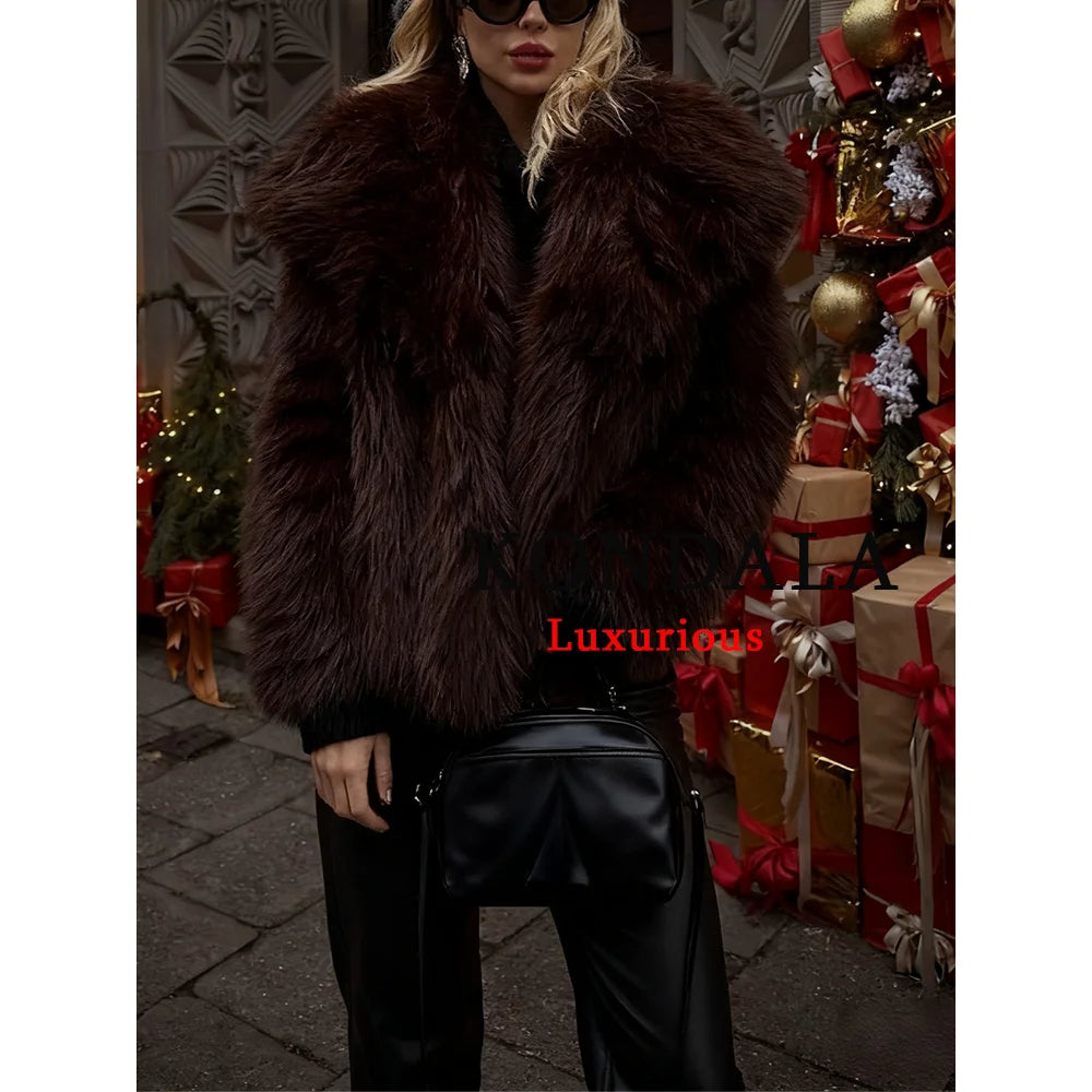 KONDALA Casual Brown Thick Fur Jackets Women Long Sleeve V Neck Autumn Winter Faux Fur Coats Fashion 2025 Streetwear Outwears