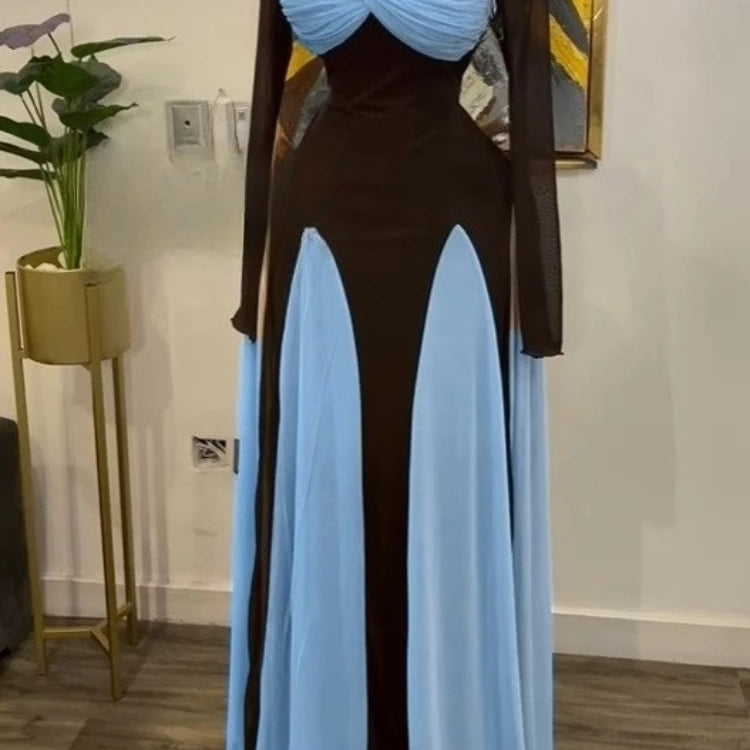 GLCMYAYA Women Long Sleeve Draped Front Midi A-line Patchwork Maxi Long Dress 2025 Vacation Holiday Party Birthday Dresses SKY BLUE