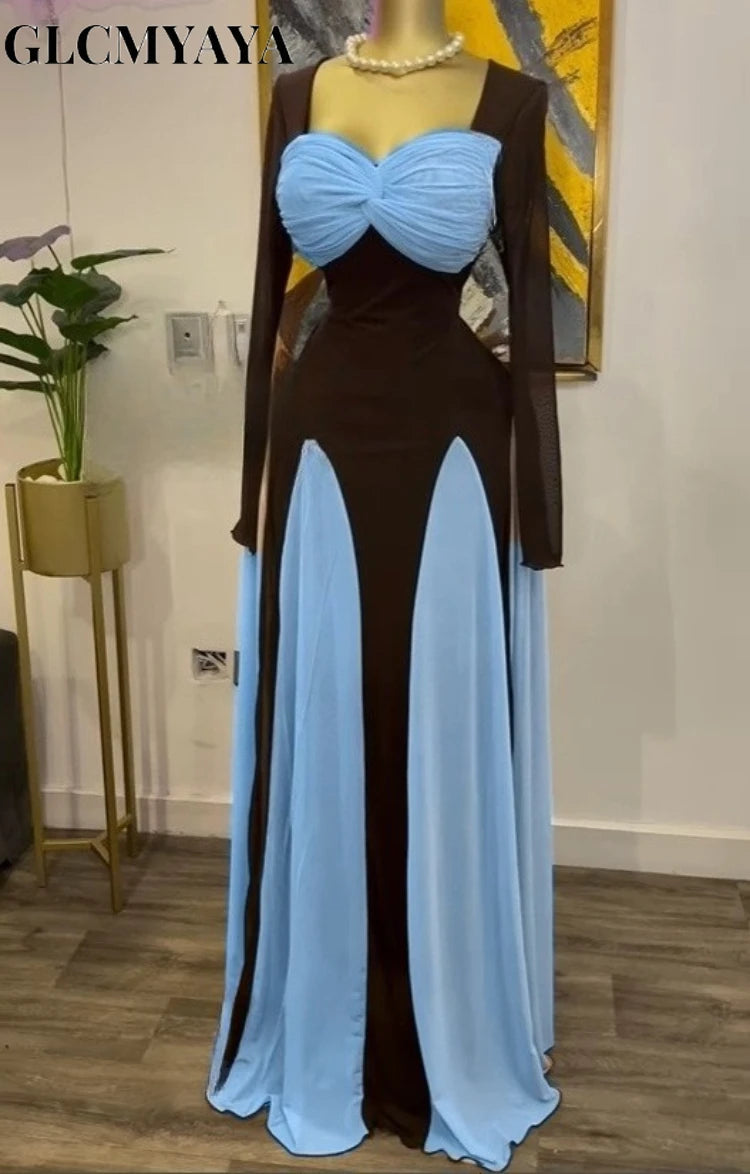 GLCMYAYA Women Long Sleeve Draped Front Midi A-line Patchwork Maxi Long Dress 2025 Vacation Holiday Party Birthday Dresses SKY BLUE