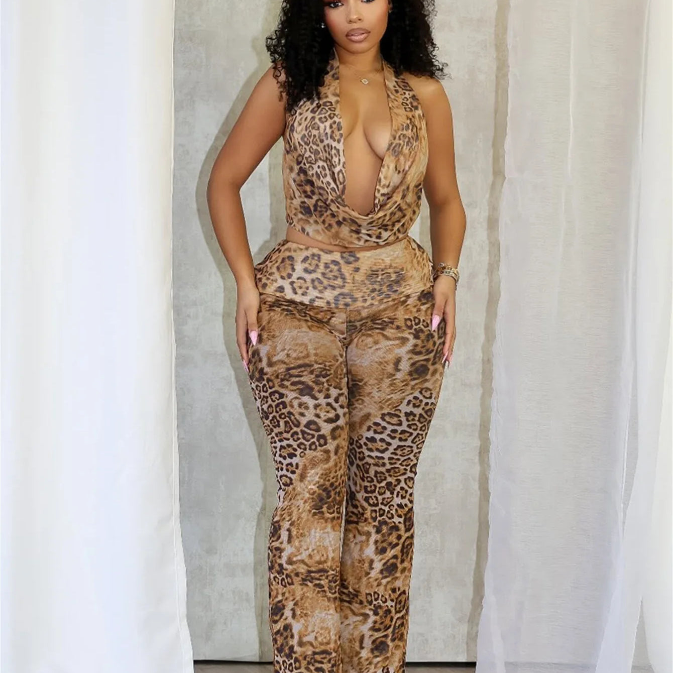 Women's Set Sleeveless Halter V-neck Leopard Print Top + Pants Suit 2025 Sexy Slim Night Party Two 2 Piece Sets Outfits Brown
