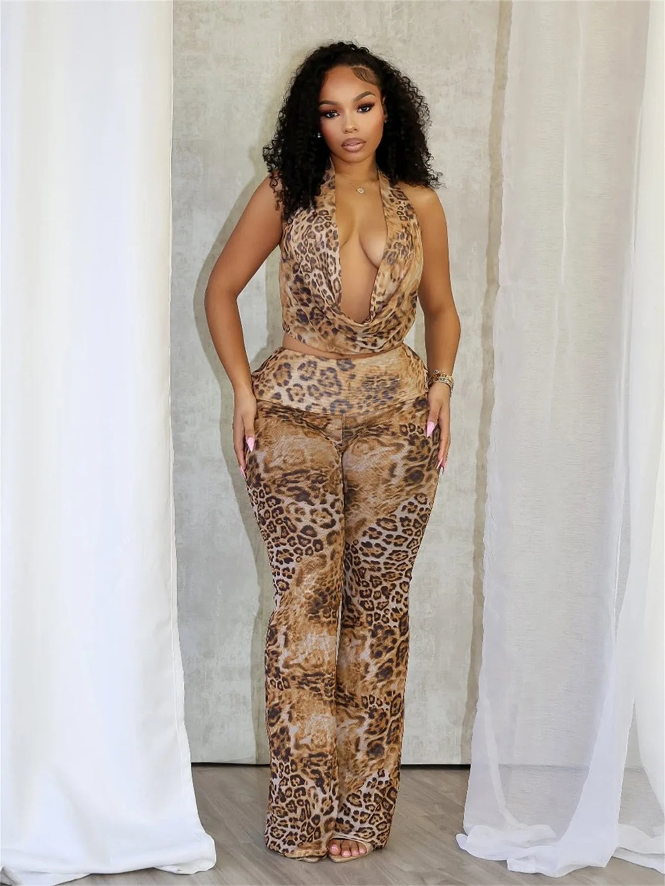 Women's Set Sleeveless Halter V-neck Leopard Print Top + Pants Suit 2025 Sexy Slim Night Party Two 2 Piece Sets Outfits Brown