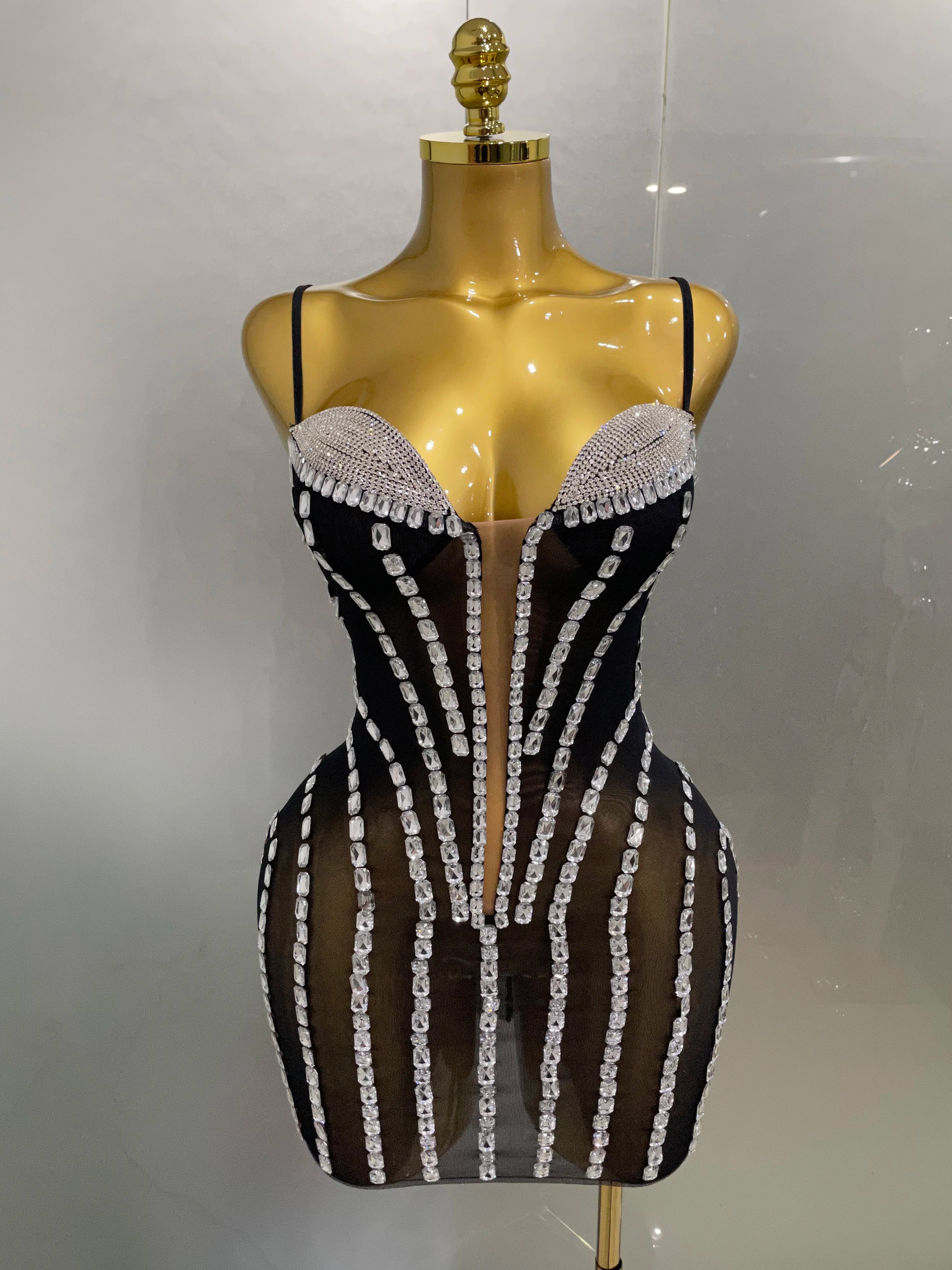 Sexy Sparkly Rhinestones Mesh See Through Short Slip Dress 2025Women Evening Birthday Party Prom Nightclub PhotoShoot Stage Wear