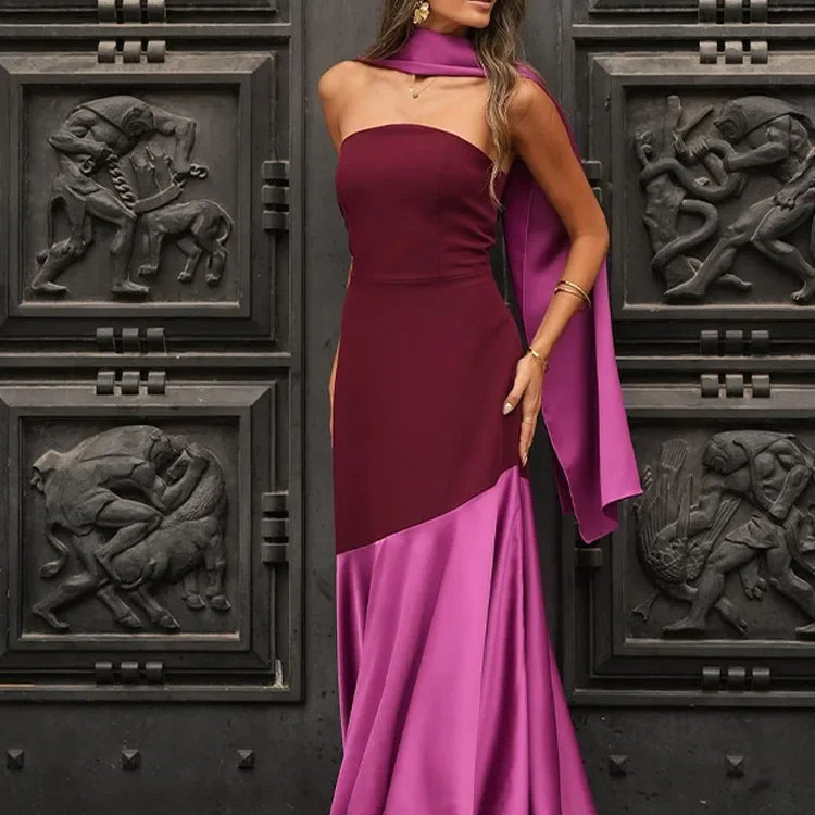 2025 Chic Purple Shawl Collar Off Shoulder Maxi Dress Fashion Contrast Spliced Pleated Hem Backless Robe Lady New Party Dresses
