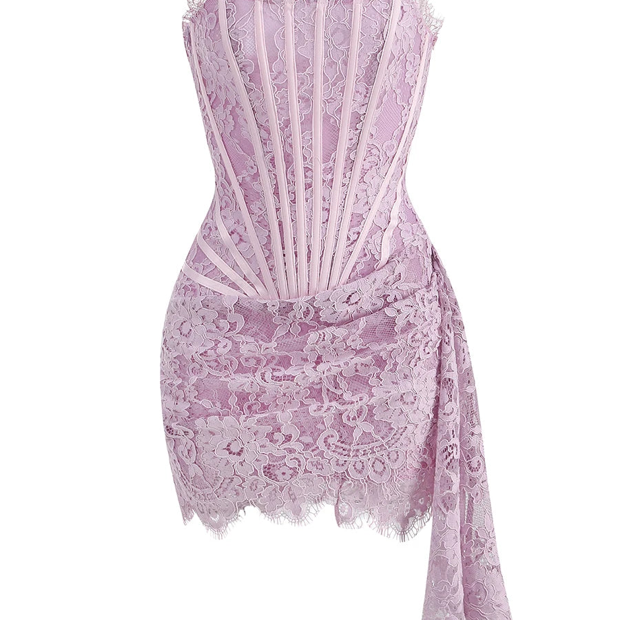 Christmas Dress For Women Red Lace Sexy Strapless Sleeveless Slim Supper Short Dress With Lace-Up Lavender