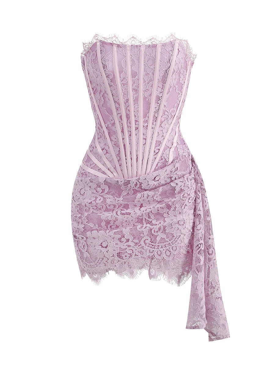 Christmas Dress For Women Red Lace Sexy Strapless Sleeveless Slim Supper Short Dress With Lace-Up Lavender