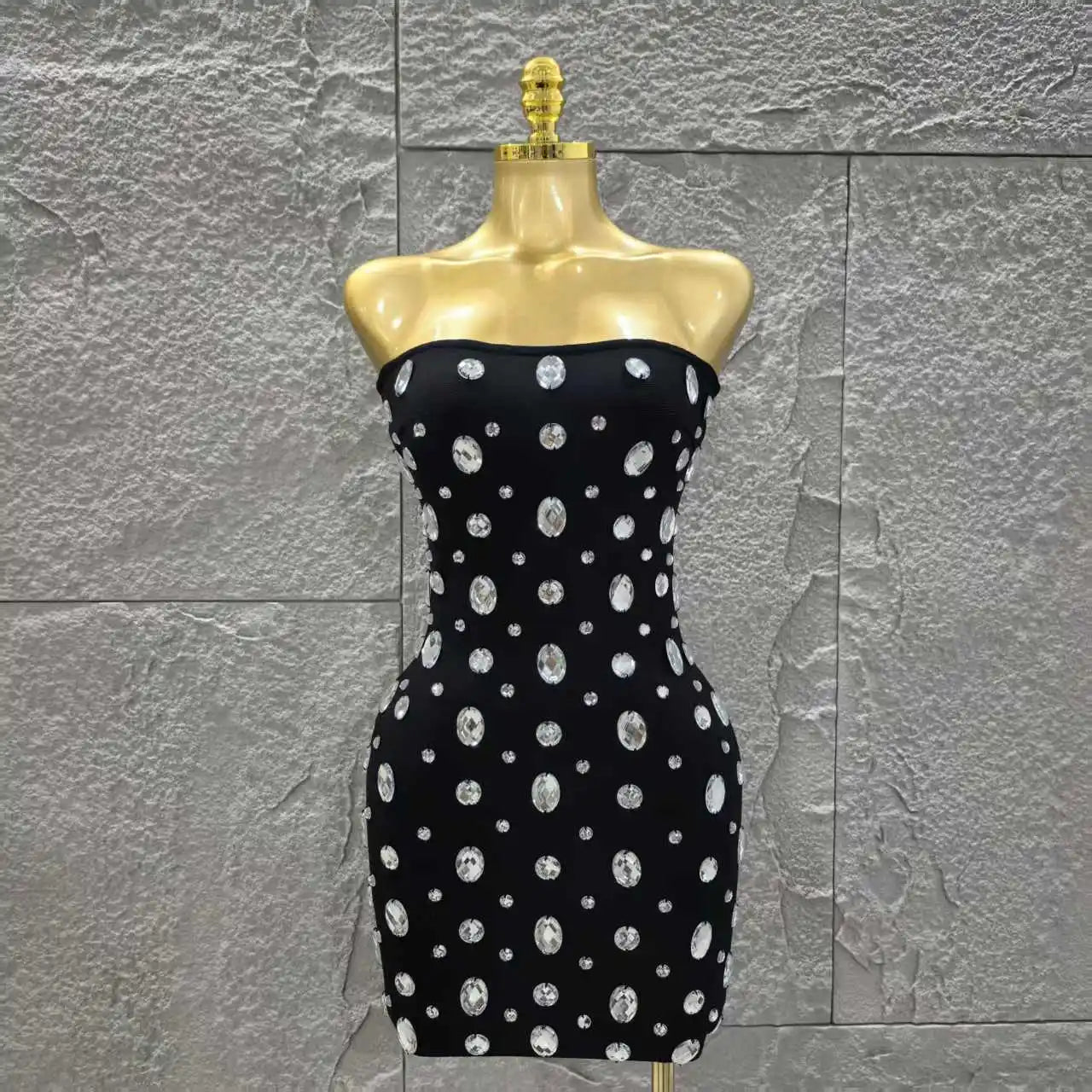 Sparkly Big Crystal Women Sexy Strapless Bodycon Mini Bandage Dress Fashion Nightclub Party Birthday Outfit Wholesale black