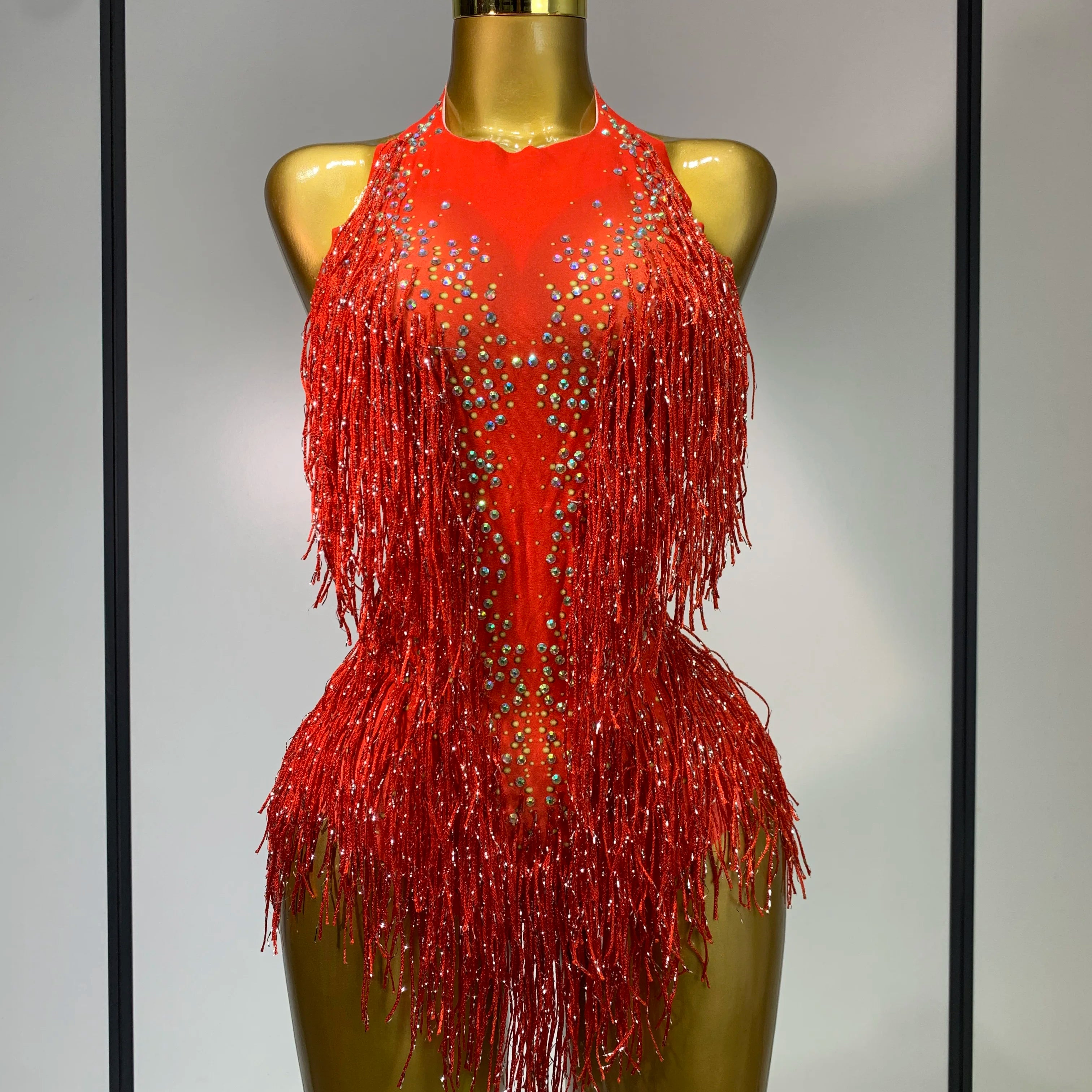 Sparkly Rhinestones Fringes Leotard Women Nightclub Evening Party Outfit Dance Costume Stage Outfit Sexy Performance Bodysuit red