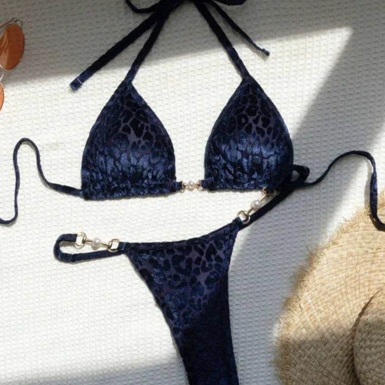 Sexy Leopard Print Glossy Bikini Women's 2-piece Thong Swimwear Suspender Lace-up Low Waist Backless Bathing Suit Beachwear Blue