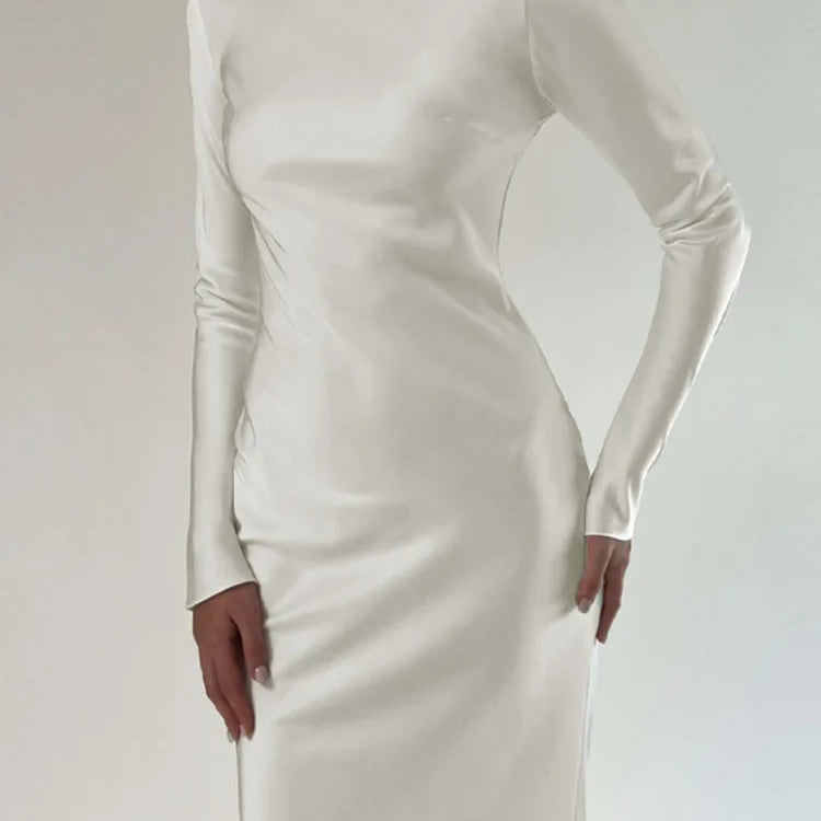 JULISSA MO Elegant Solid O-Neck Long Sleeve Backless Maxi Dress For Women 2023 Autumn Chic Silver Slim Long Dress Outfits