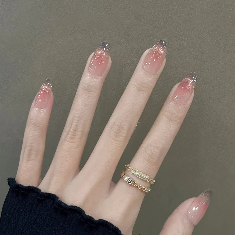 24Pcs Blush Pink Shining Cat's Eye Short Round Head Press on False Nails with Simple Design Almond French Manicure Nail Tips Set 3