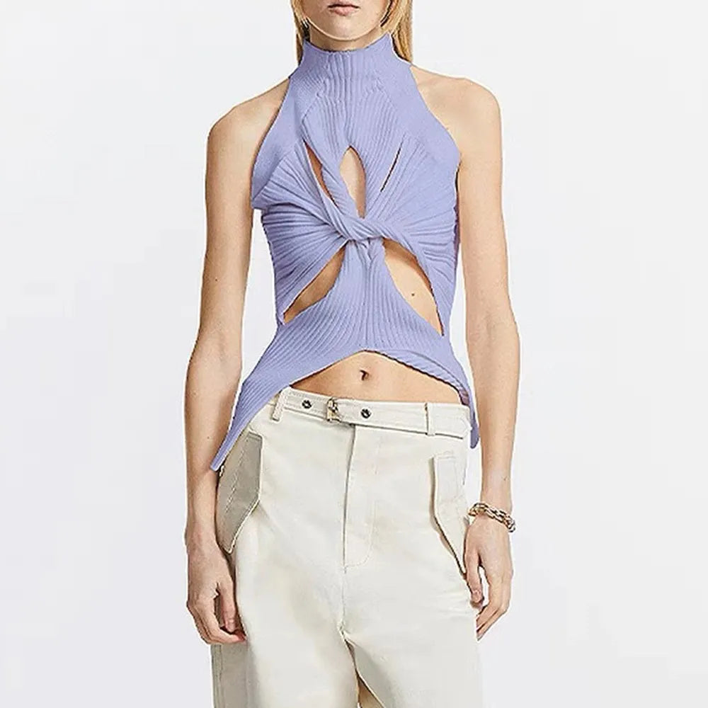 Solid Hollow Out Knitting Tank Tops For Women Turtleneck Sleeveless Off Shoulder Slim Vests Female Fashion Clothing purple