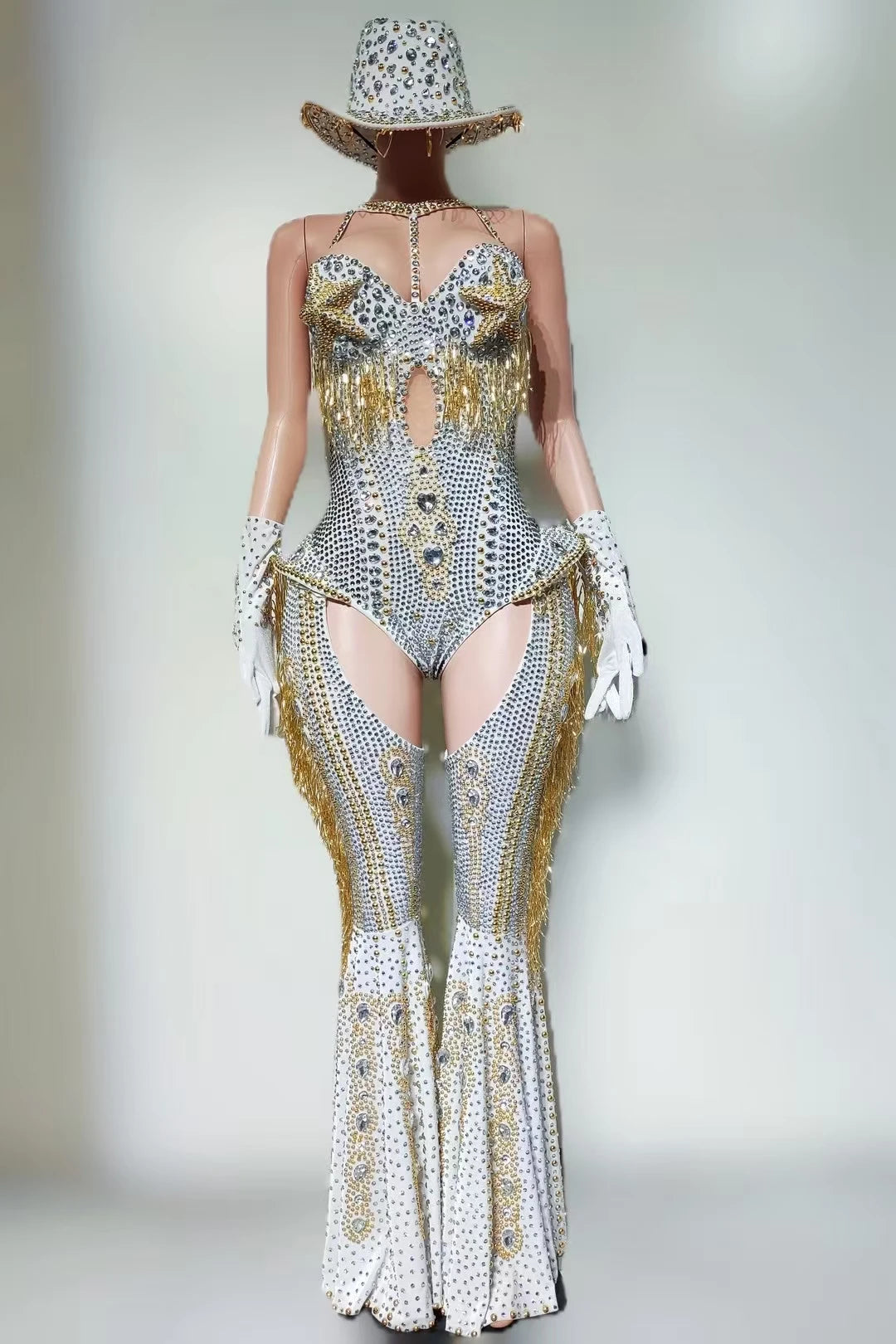 Sparkly Rhinestone Tassel Luxury Bodysuit 4Piece Set Cowboy Night Out Party Outfit Stage Show Jumpsuit Carnival Wear Hongding