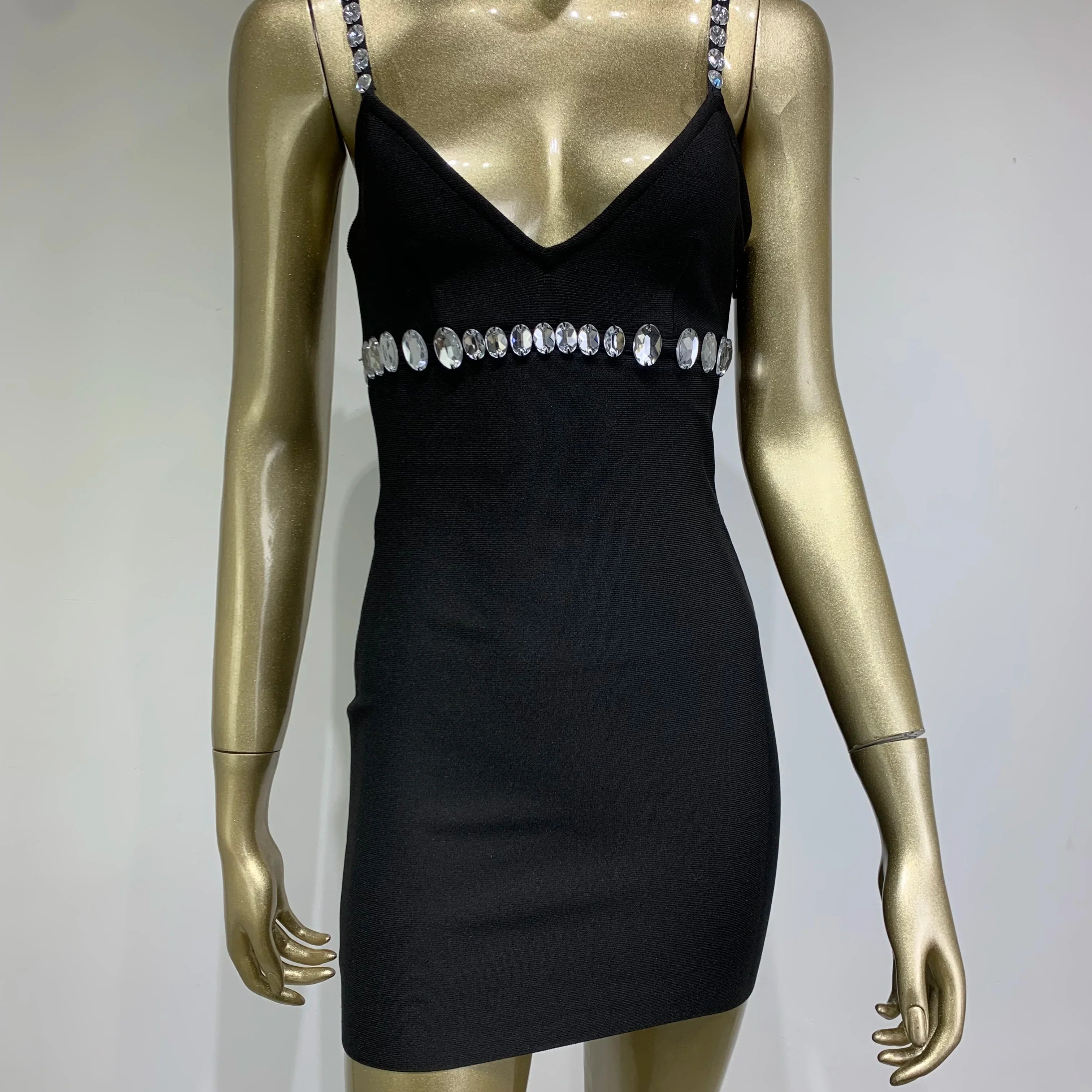 Women Celebrity Sexy V Neck Beading Rhinestone Black Mini Bodycon Bandage Dress Elegant Evening Club Party Dress