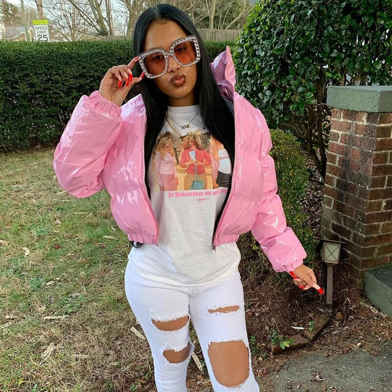 Winter New Women's Fashion Solid Color Zipper Bright Surface Warm Cotton-padded Jacket Top