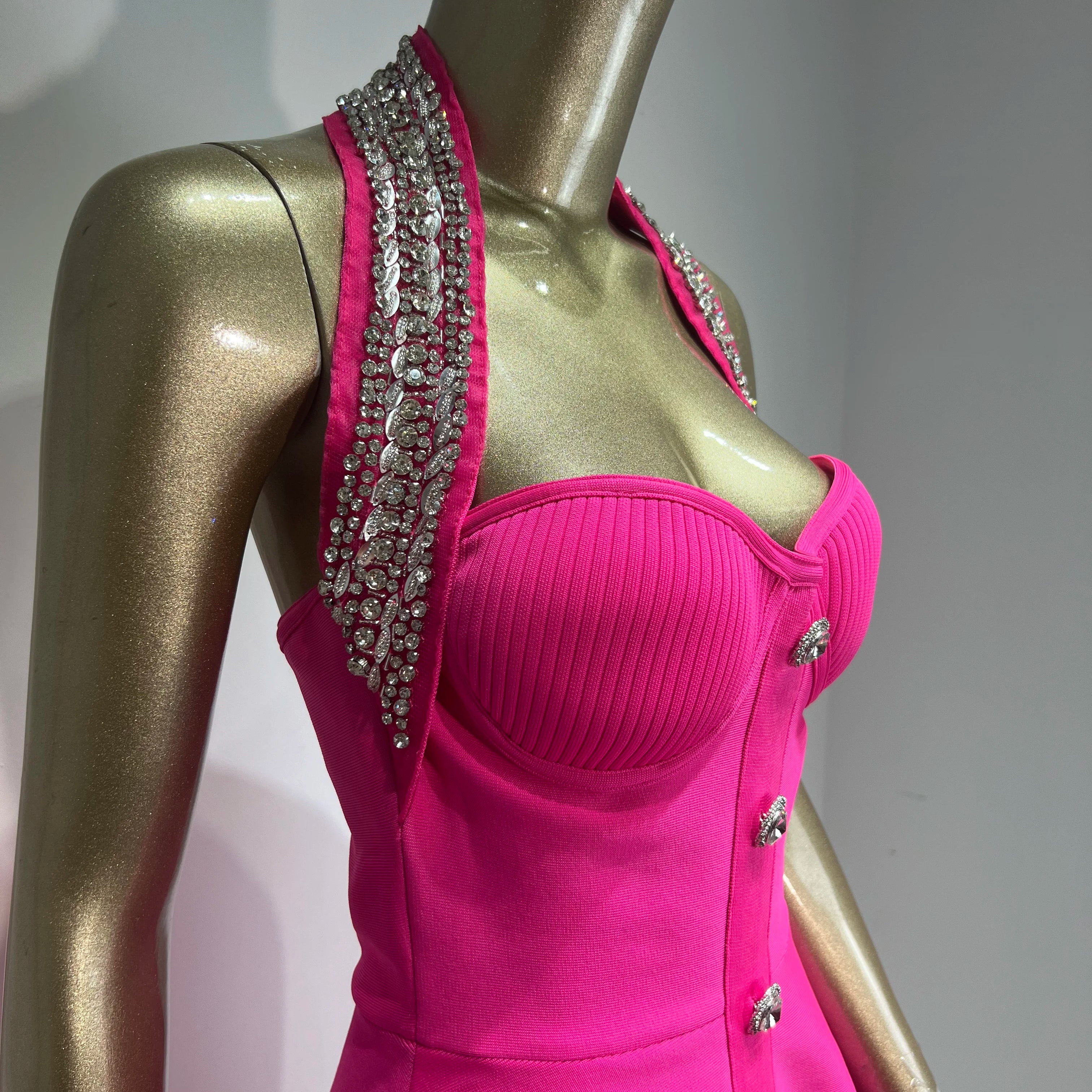 Rosered Black Color Women Sexy Off the Shoulder Halter Shinning Crystal A-Line Bandage Mini Dress Celebrate Nightclub Party Wear