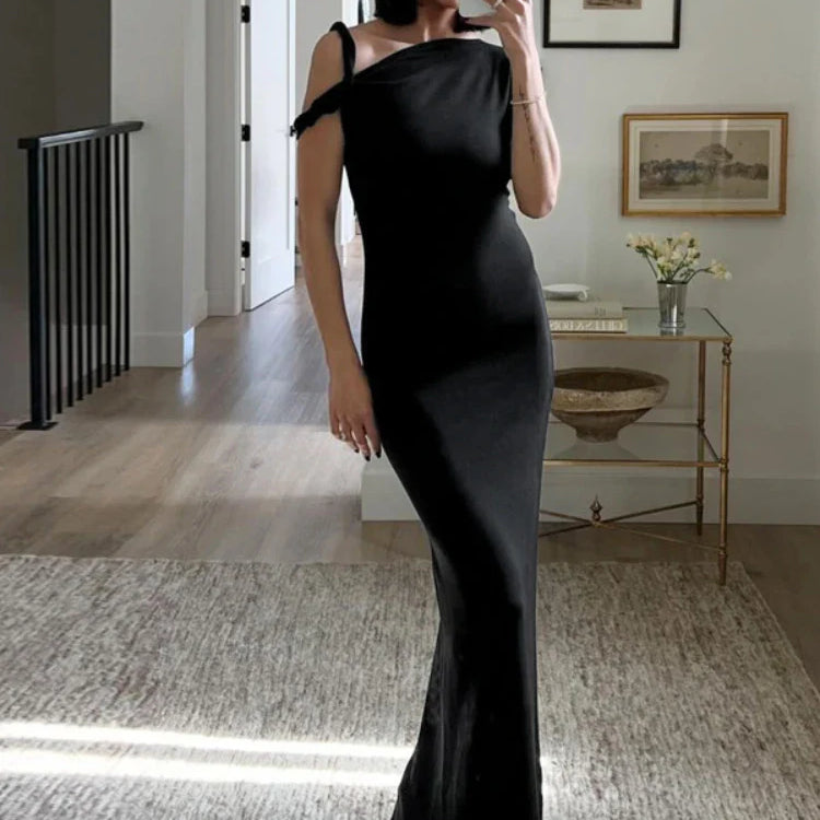 BOOFEENAA Asymmetrical Twist One Shoulder Mini Dress Kylie Jenner Outfits Womens Summer Dresses Fashion Clothing C96-AG19 LONG BLACK