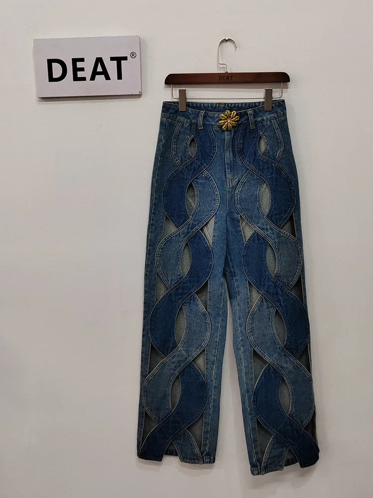 DEAT Fashion Women's Jeans High Waist Cross Contrast Color Hollow Out Metal Button Straight Denim Pants Summer New 17A8765H jeans