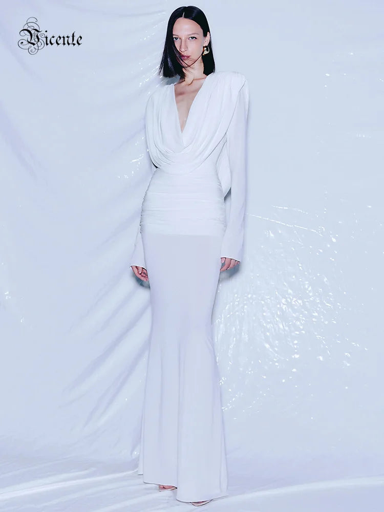 White Swinging Collar Long Dress For Women Ruched High Waist Long Sleeves Slim Elegant Evening Party Gowns