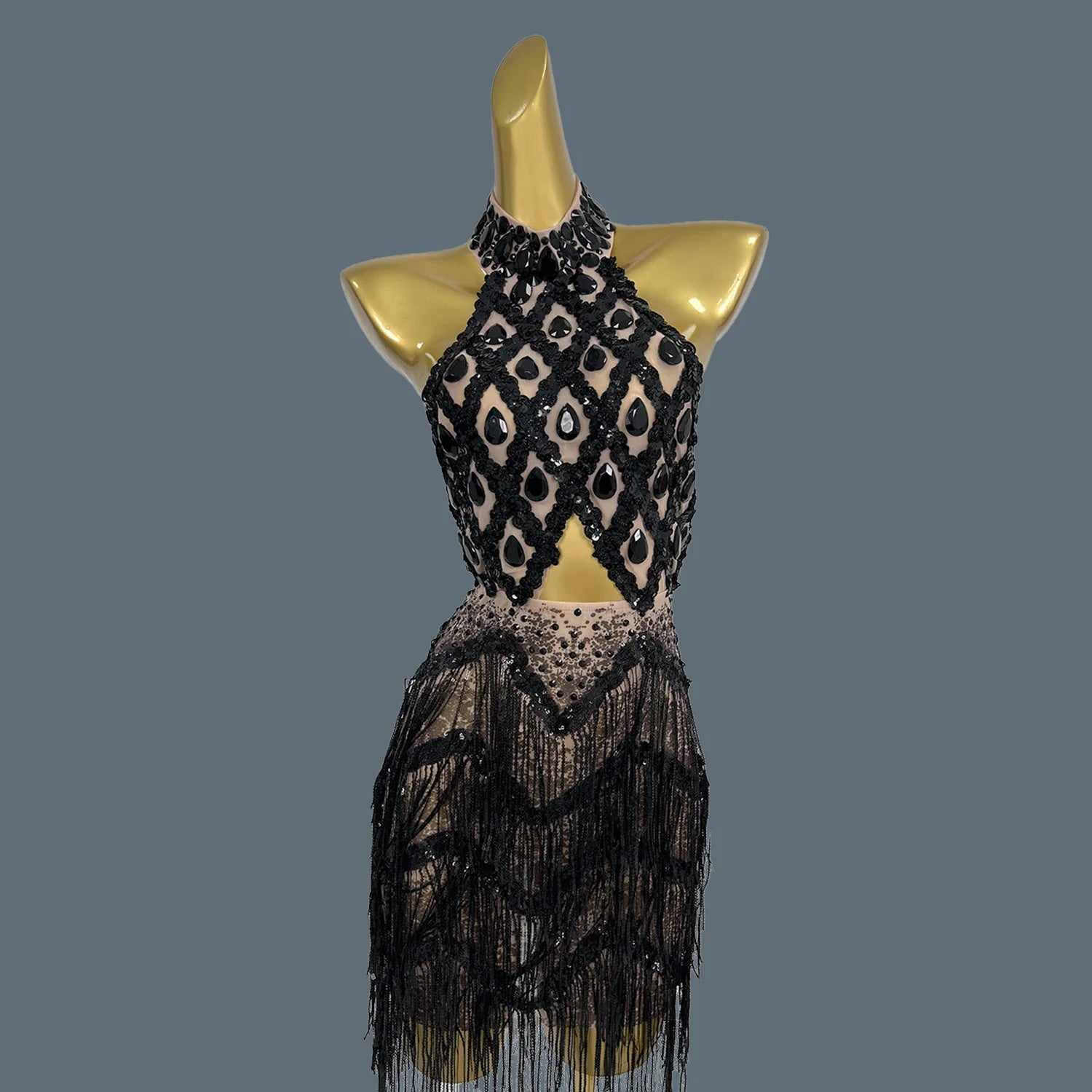 Sequins Rhinestone Sexy Tassel Dresses For Women Party Club Night Showgirl Backless Mini Dress Birthday Prom Stage Show Sanjiao black